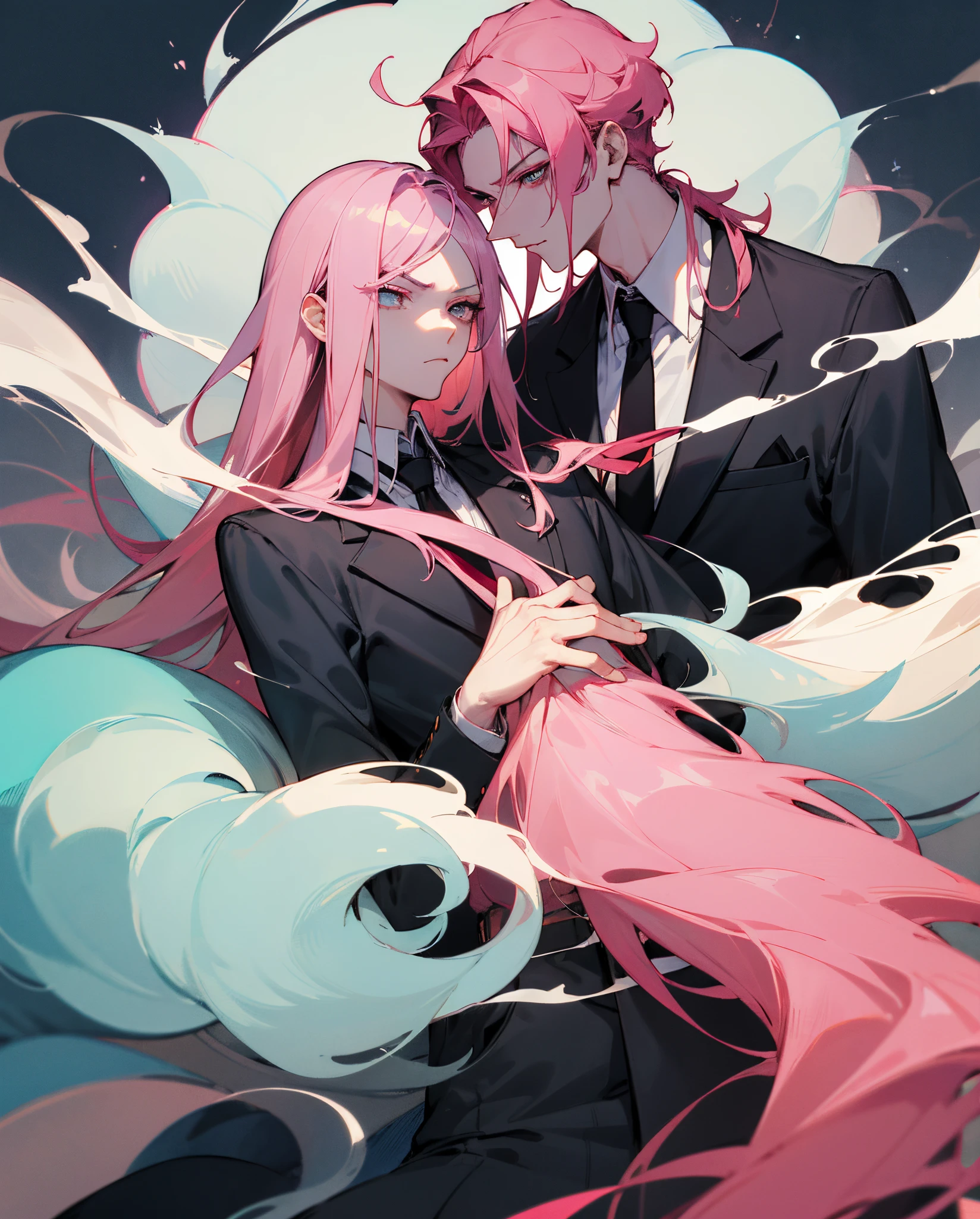 male people、Beautiful skin、long eyelashes、Glaring at me、Pink hair、length hair、Bundles、bewitching、The shirt、neck tie、long limbs、Wolfcut、smoking tobacco、murky、long bangs、Bangs flowing to the right、2guys