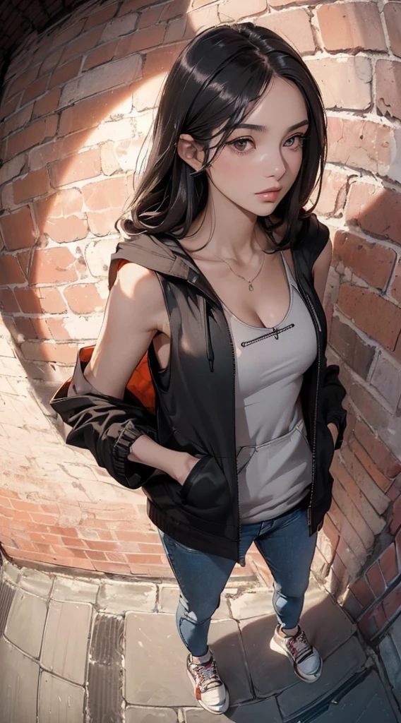 (((8k wallpaper of extremely detailed CG unit:1.2, masterpiece, hight resolution:1.2, top-quality:1.2, masutepiece))), ((a very beautiful woman, Tank Tops, wearing a hooded jacket, Wearing shoes, Hands in pockets:1.8)), ((extra detailed face, Highly detailed black eyes, extra detailed body, Top quality real texture skins)), (A dark-haired, The long-haired, de pele branca, Small:1.2, Exposed cleavage:1.2), ((surrounded by a brick wall)), (high-angle:1.2, a closeup, Fisheye:1.4), hyper realisitic, digitial painting,
