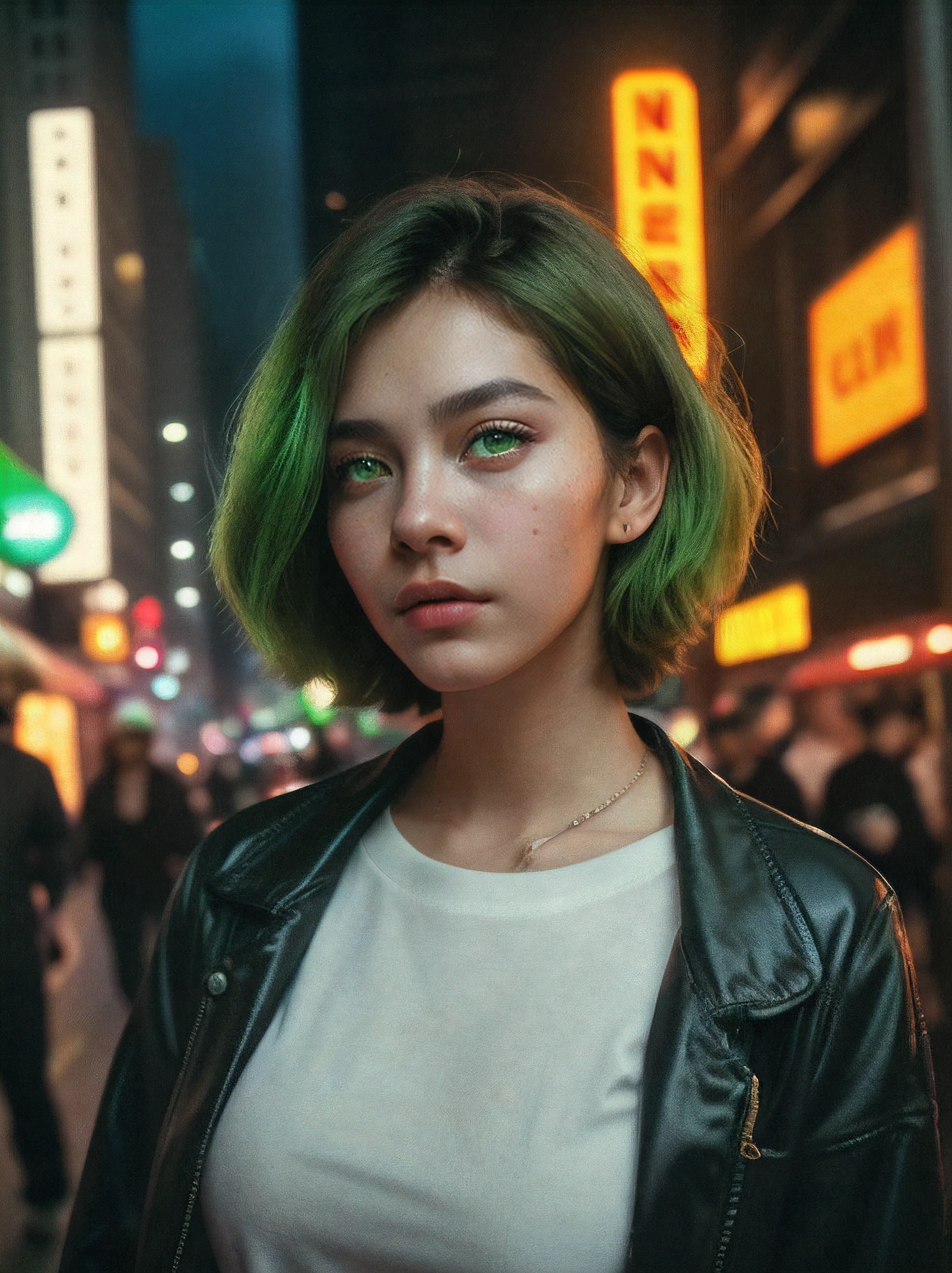 girl in a noisy metropolis, making your way through crowded streets and dark alleys, close up, detailed clothes, Green eyes, floting hair, determined expression, shiny glossy skin, sub-surface Scattering, (Sharp:0.7), [(colorful explosion psychedelic paint colors:1.21)::0.05], amazing fine detail, Nikon D850 film photography stock camera Kodak Portra 400 f1.6 lens, saturated colors, lifelike texture, dramatic  lighting, urban environment, Skyscrapers, neon signage, Street vendors, Dynamic composition, Unreal engine, Trending on ArtStation, cinestill 800 tungsten