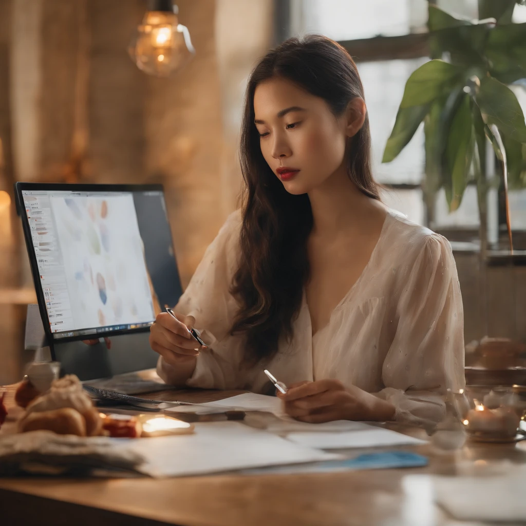 (a girl,Asian face,holding a pen in hand,using Photoshop to paint this watercolor on a 27-inch computer screen,gazing at the monitor,computer graphics,artistic pose),(best quality,4k,8k,highres,masterpiece:1.2),ultra-detailed,(realistic,photorealistic,photo-realistic:1.37),watercolor,illustration,sketch,creative process,soft palette,smooth brushstrokes,vibrant colors,soft lighting