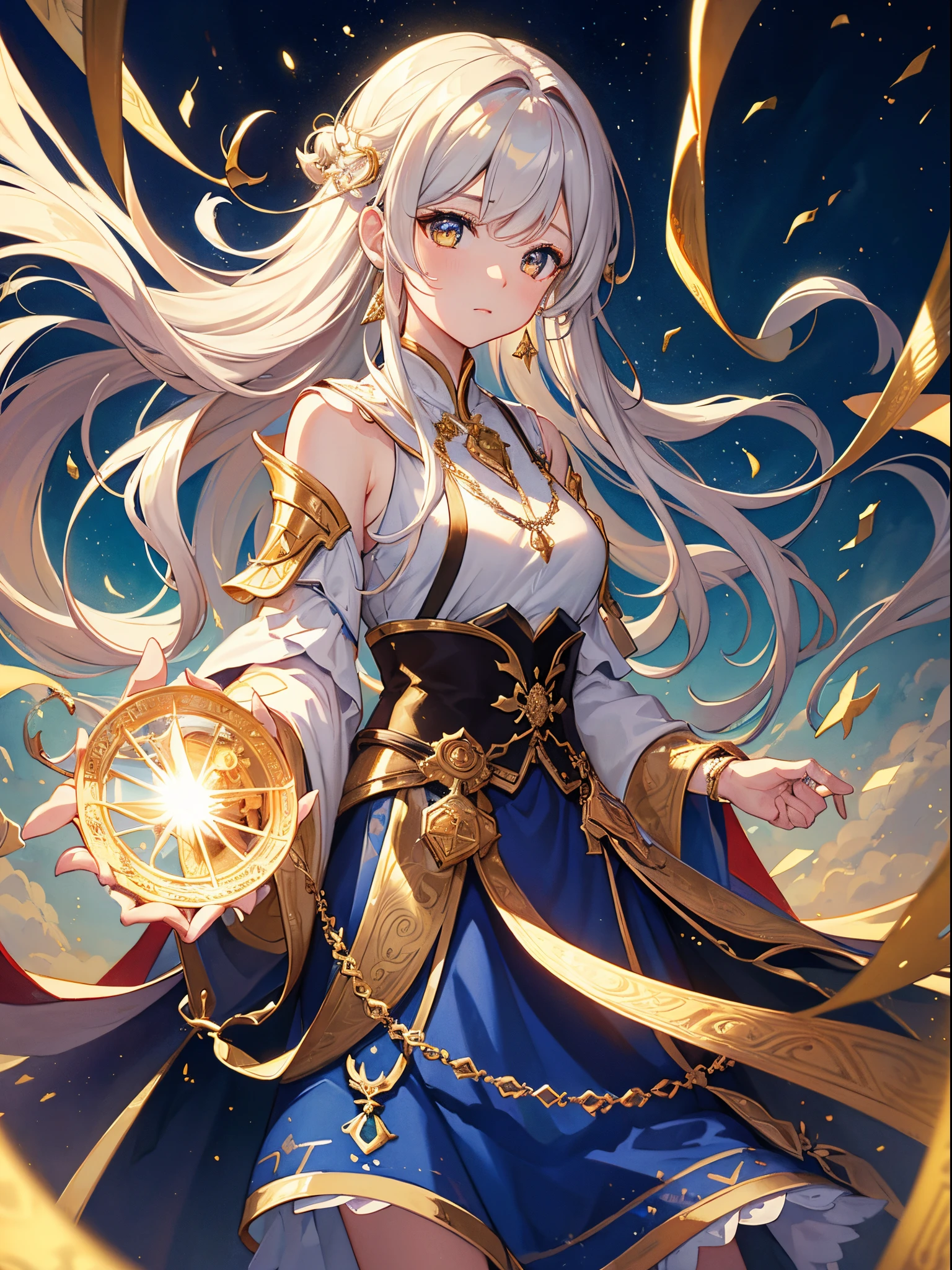 ((4K、masterpiece、top-quality))、ink and watercolor painting、Witches、Golden Eyes、Silvery hair、traditional clothes、Traditional costumes、Beautiful light reflection、lensflare、Seasonal geometric patterns、natural、the golden ratio、sound effects