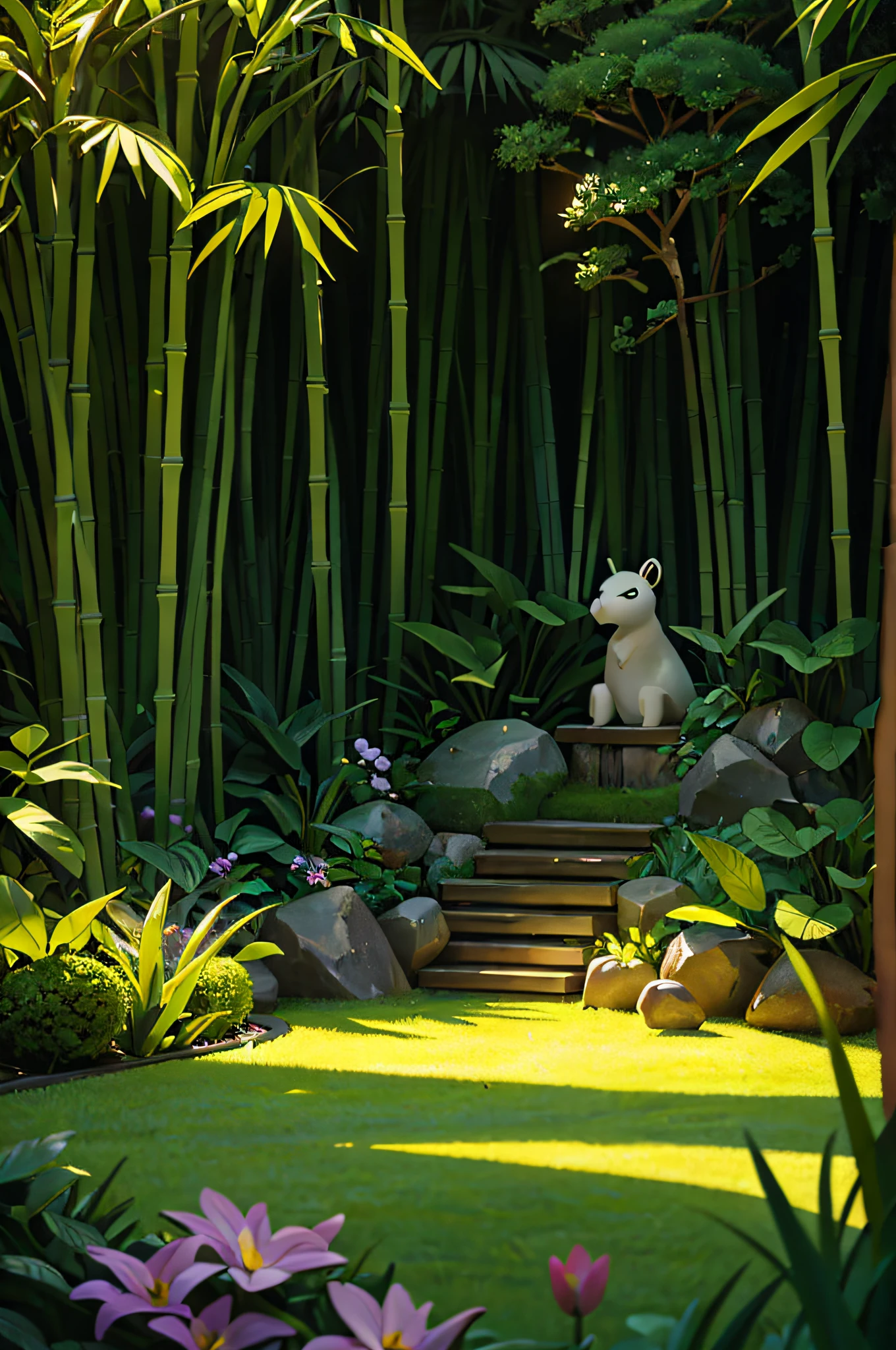 exteriors, Bamboo garden, There is a lawn in the middle, Facing the lens, depth of field, cinematic lighting, cinematic lighting, chiaroscuro, best quality, highres