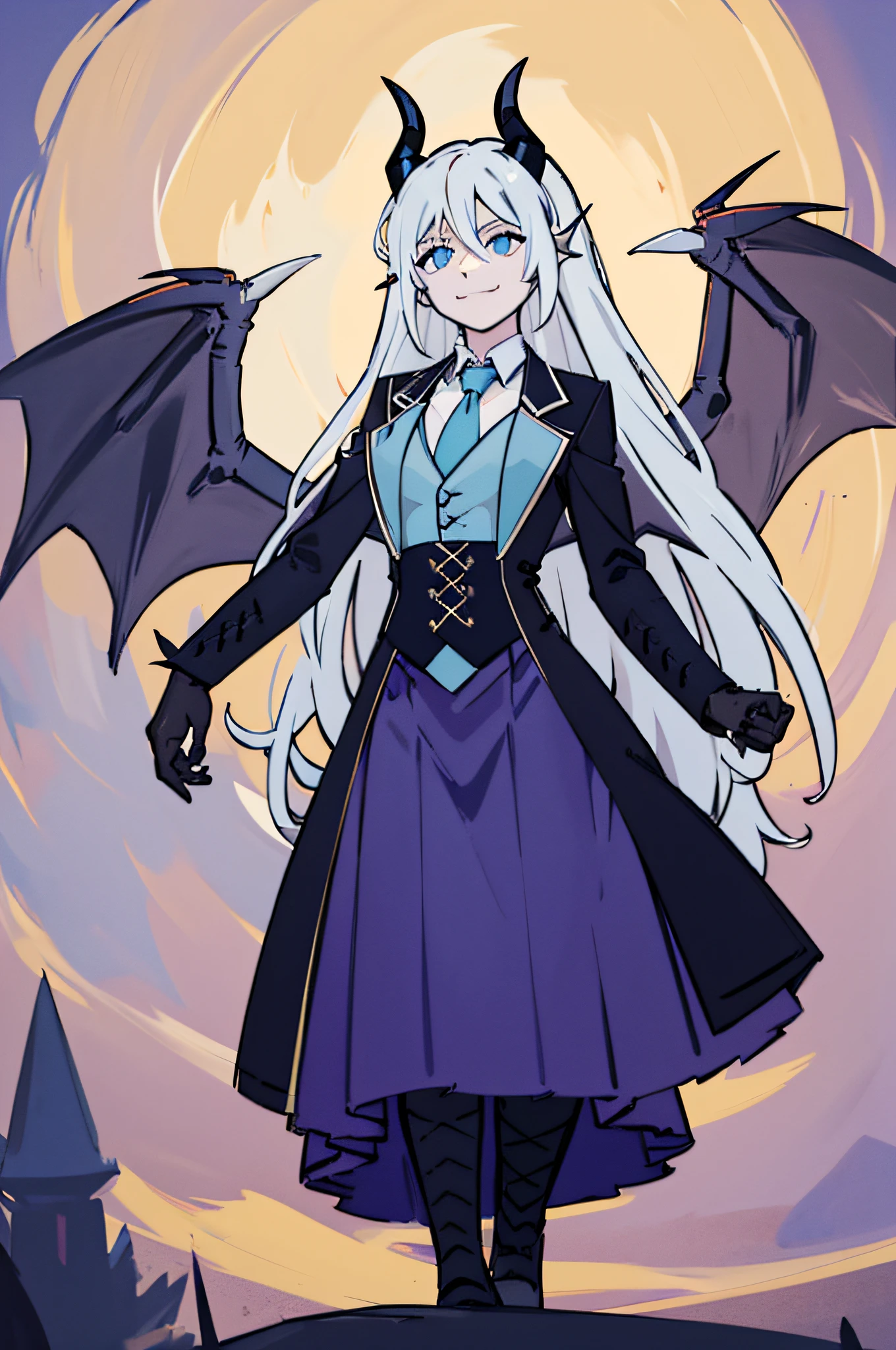 1 dragon girl, pale blue scales, small-medium chest, very long wavy white hair, glowing blue dragon eyes, suit coat with vest and tie and a long skirt, 6 horns with 3 on each side, 2 wings, under the moon, 1 tail, scaled and clawed feet and hands, slender and tall, smiling mischievously