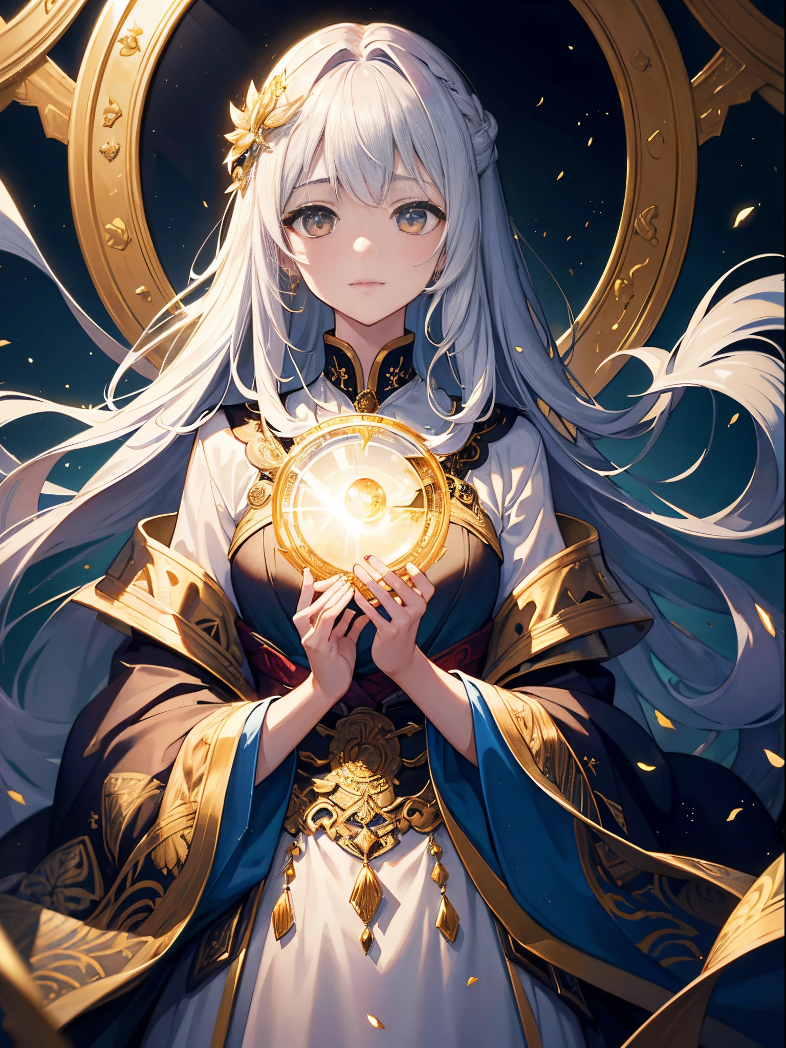 ((4K、masterpiece、top-quality))、ink and watercolor painting、Witches、Golden Eyes、Silvery hair、traditional clothes、Traditional costumes、Beautiful light reflection、lensflare、Seasonal geometric patterns、natural、the golden ratio、sound effects