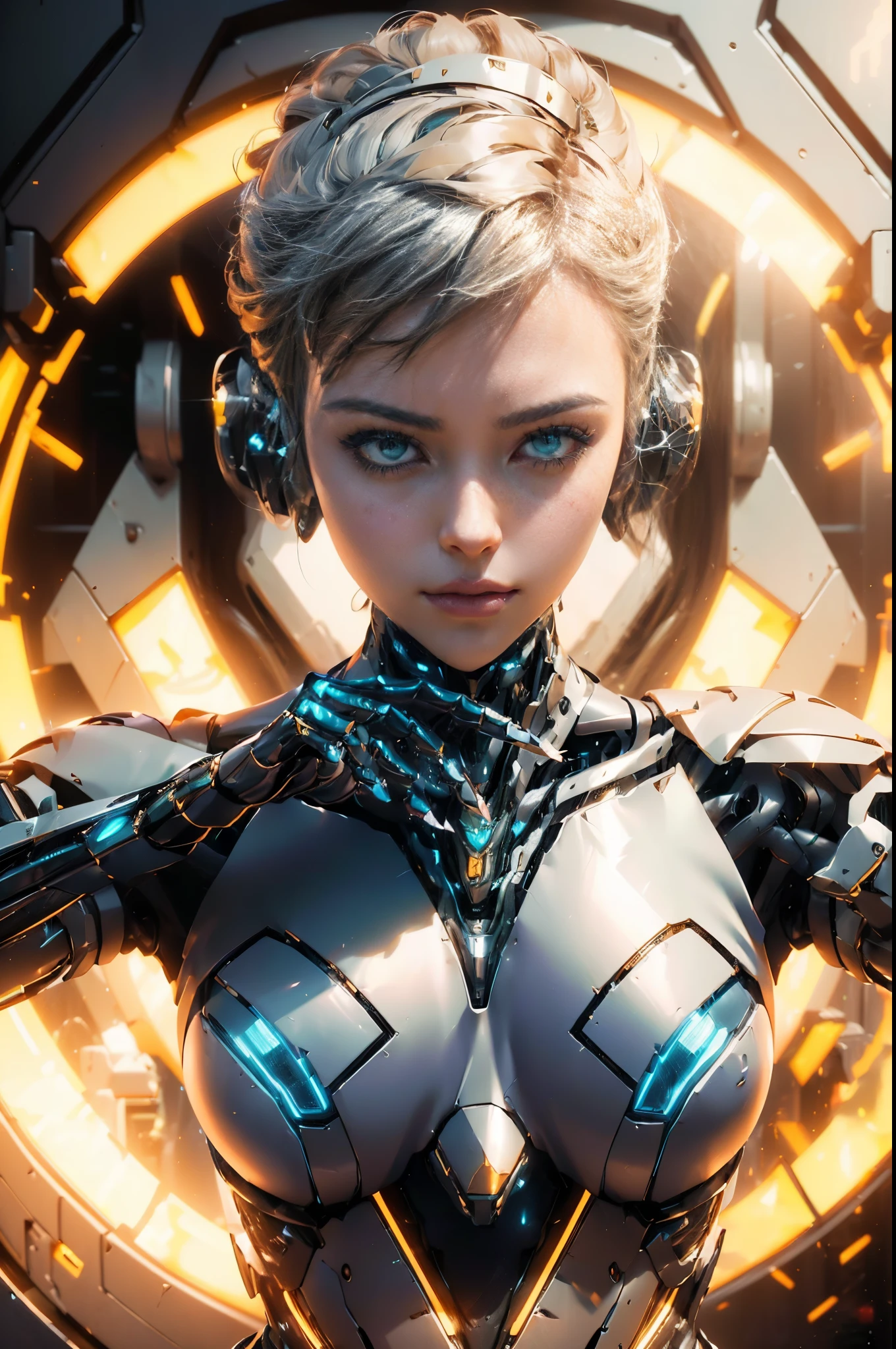 (generate a female robot, big robot breast, mecha cyber armor, raytracing, beautifull fingers, beautifull hands, (4 fingers in 1 hand), full body photoshoot, perfect anatomy, good lighting, professional photoshoot, sharp eye, fresh lips