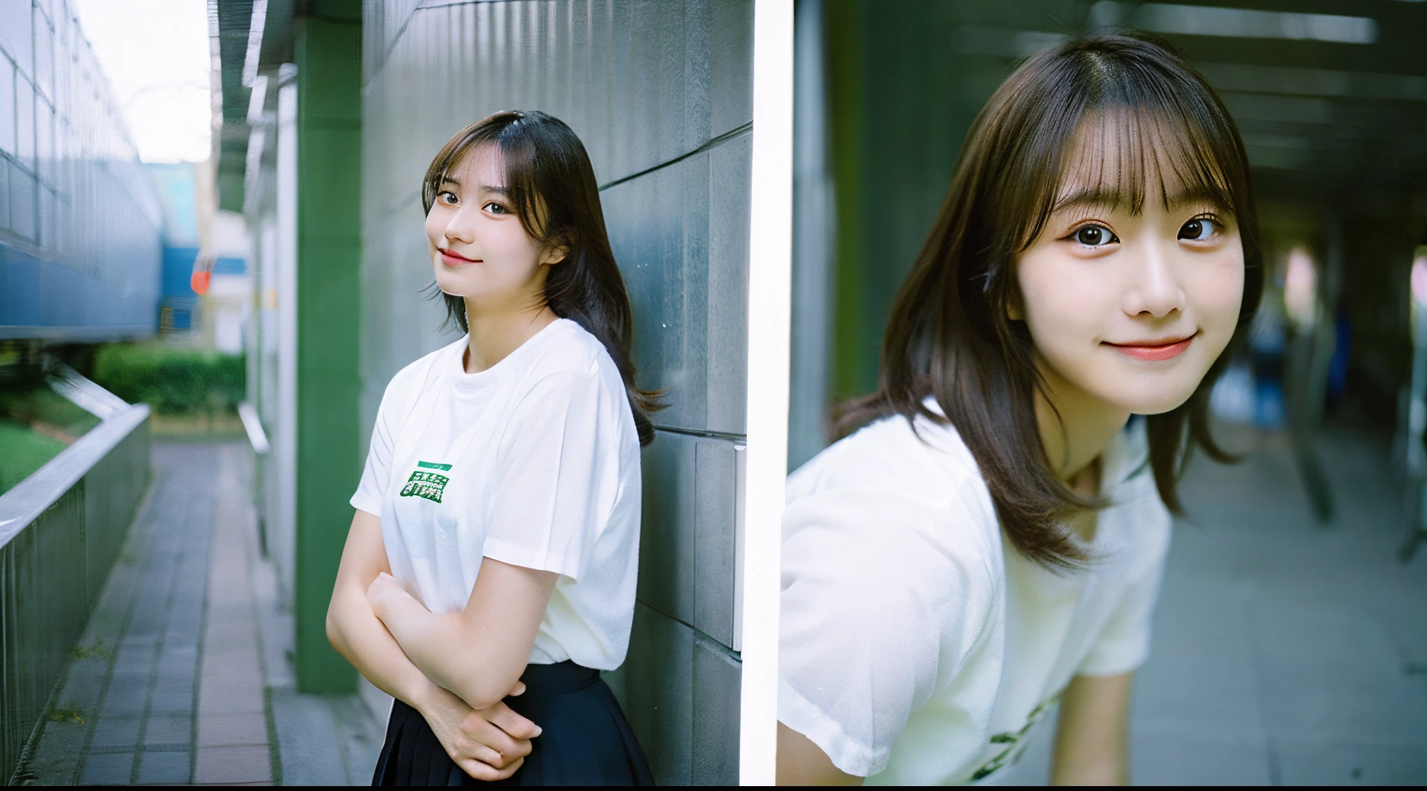 Cute female college student, 18 years old, wearing a white miniskirt