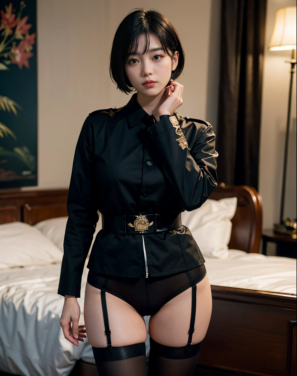 masutepiece、(Raw foto:1.2)、(Photorealsitic:1.4)、ultimate beauty girl、Well-formed and beautiful face、a beautiful detailed girl、extremely detailed eye and face、beatiful detailed eyes、Ridiculous、unbelievable Ridiculous、huge filesize、ultra-detailliert、hight resolution、ighly detailed、top-quality、masterpiece、((OL Lady Uniform))、((of the Empire of Japan))、((Black color military uniform))、((Short-haired layer cut))、illustratio、nffsw、Unity、8k wallpaper、astonishing、finely detail、masterpiece、top-quality、A highly detailed、nffsw、uniformss、8k wallpaper、face lights、Cinematographic lighting、18year old、1girl in、(witheout panties)、((dynamicposes))、(camel's toe)、(half)、(((Without glasses)))、(garters)、((Pantyhose and legs))、((is standing))