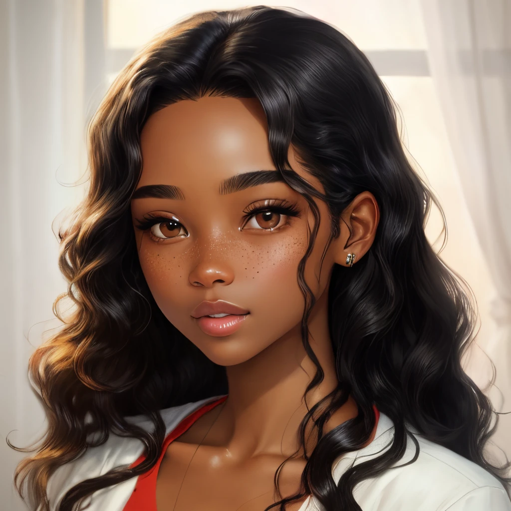 Long wavy black hair, brown skin, brown eyes, light freckles