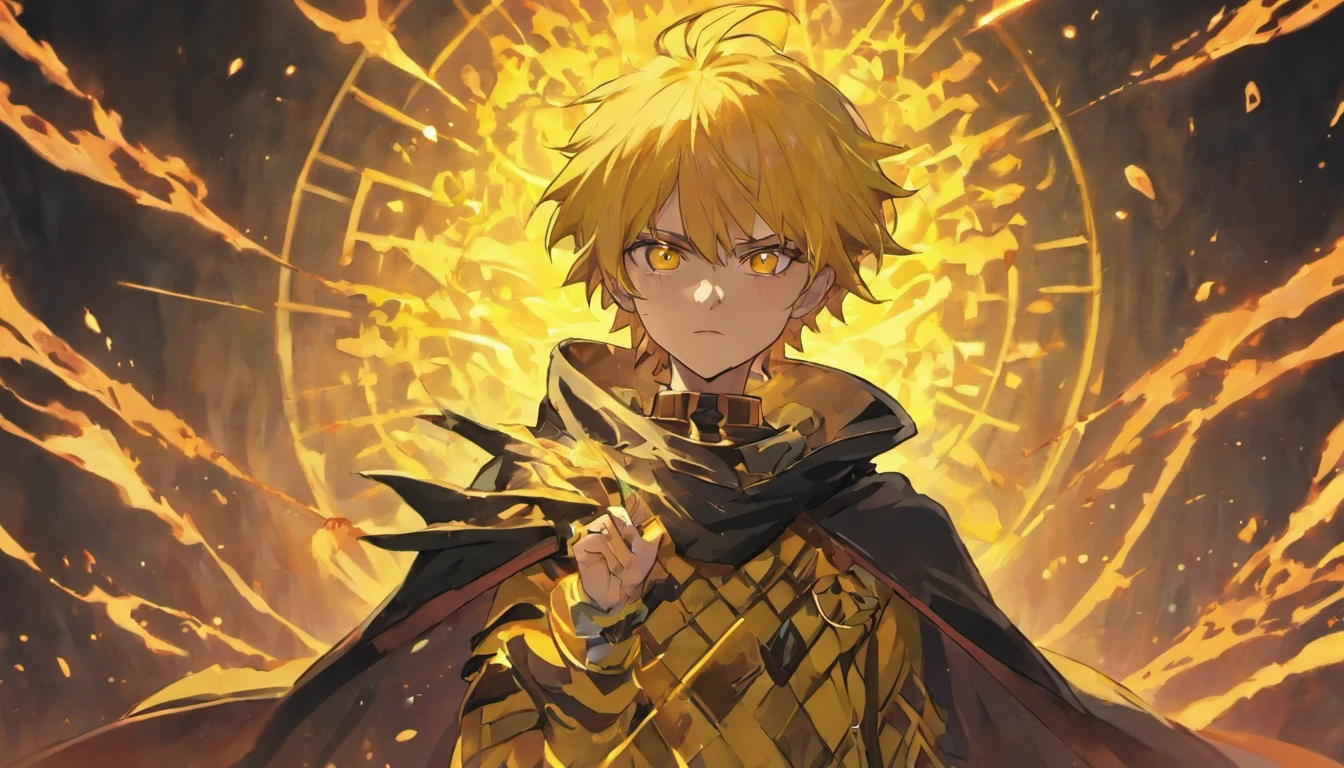 Zenitsu demon slayer, yellow energy, upper body shot, Gothic style, serious mature male, glaring at viewer