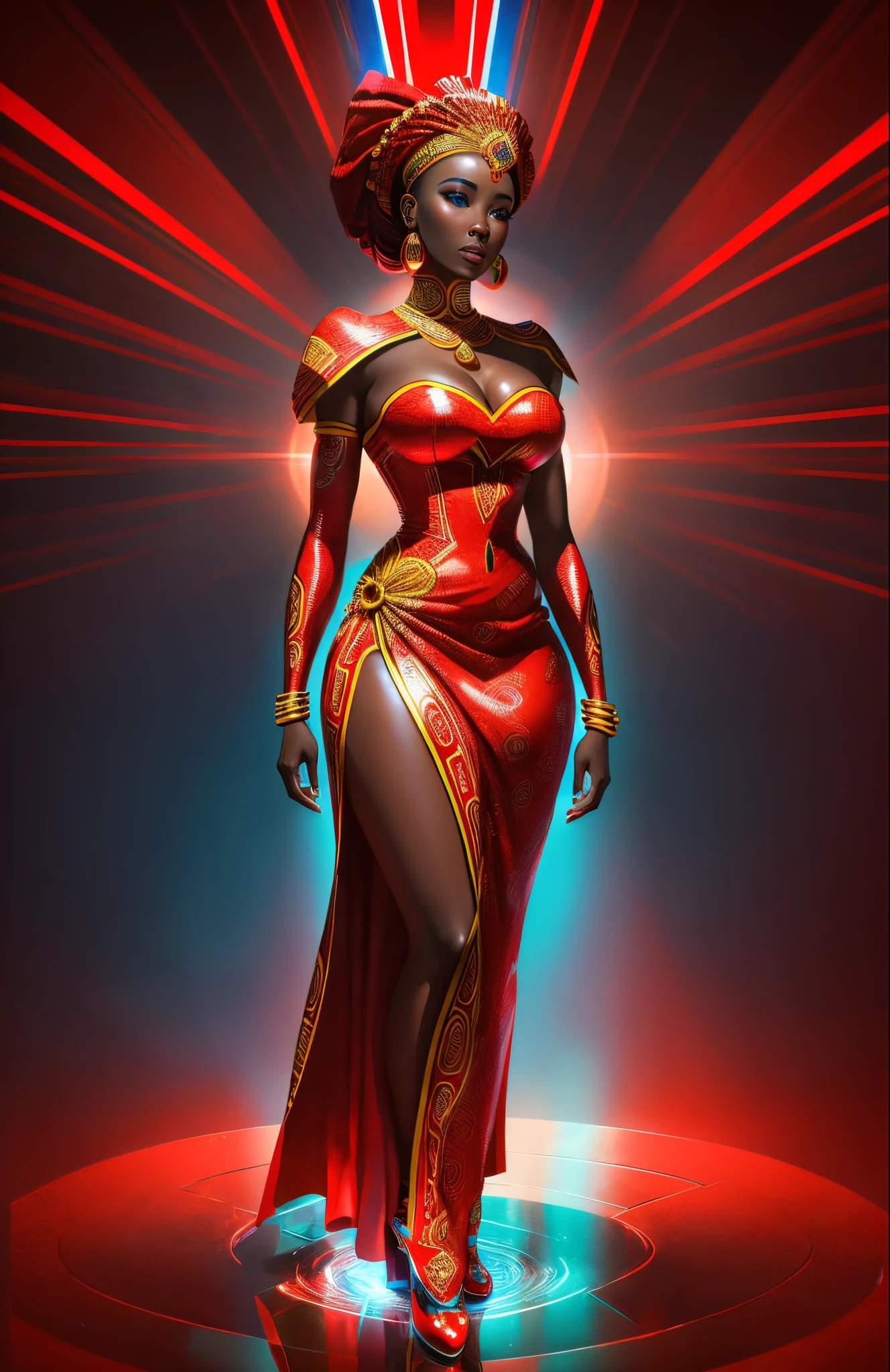 an ice sculpture of a beautiful African woman dressed in African designed clothes, standing in an empty Area full of large reflective mirrors, red flares on the ground providing a red cinematic look, red and blue look, cinematic lighting, artgerm style, 32k, ultra HD, hyper-realistic image --auto --s2