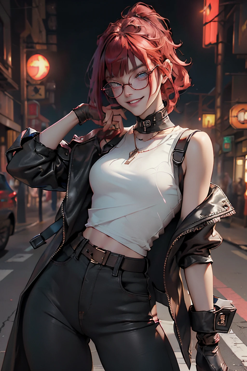 1nerdy girl with glasses, 30yo, blunt bangs hairstyle, (fringe cut bangs hairstyle), (The forehead is hidden by bangs), (((red hair))), ((boyish)), (((very low pony tail))), asymmetrical messy hair, (((black-rimmed round glasses))), (((beautifully detailed face))), (((perfect face))), long eyelashes, (Beautiful detailed eyes), ((sharp eyes)), ((Blue eyes)), (gothic makeup with so many eyelashes and jet black eyeshadow), (((sadistic grinning smile with clenched teeth))), (((bronze skin))), ((open stand neck coat), (white loose t-shirt)), street fashion, sport pants, black leather gloves, (Solo), (Suggestive Pose), (hand on hip), Full Body Image, perfect anatomy, slender, small bust, abs, (thin waist), ((crazy smile:0.5), (teeth fangs:0.8)), (dark skin:1.3), blush, (((black thick rimmed glasses))), (high detailed skin), ((top-quality)), ((High Definition)), ((beautiful detailed)), high quality shadow, mostly cloudy sky, ((official art)), anatomically correct, (((Best Quality))), (((masterpiece))), (((Super Detail))), ((UHD)), (octane render, two-tone lighting, Cyberpunk city street background, glowing neon signs, vibrant colors)