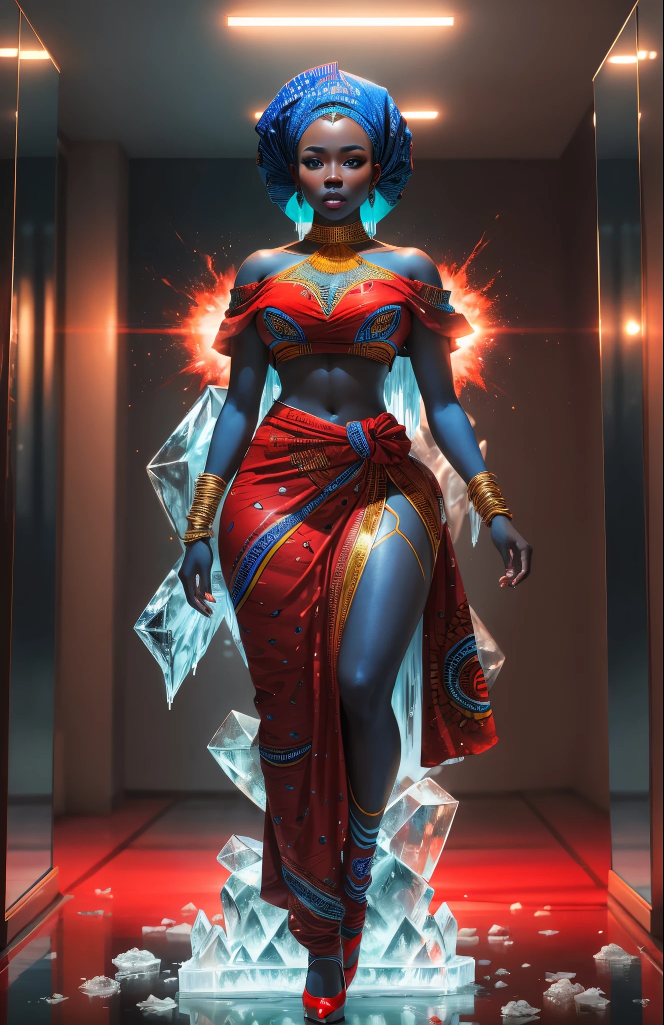 an ice sculpture of a beautiful African woman dressed in African designed clothes, standing in an empty Area full of  large reflective mirrors, red flares on the ground providing a red cinematic look, red and blue look, cinematic lighting, artgerm style, 32k, ultra HD, hyper-realistic image --auto --s2