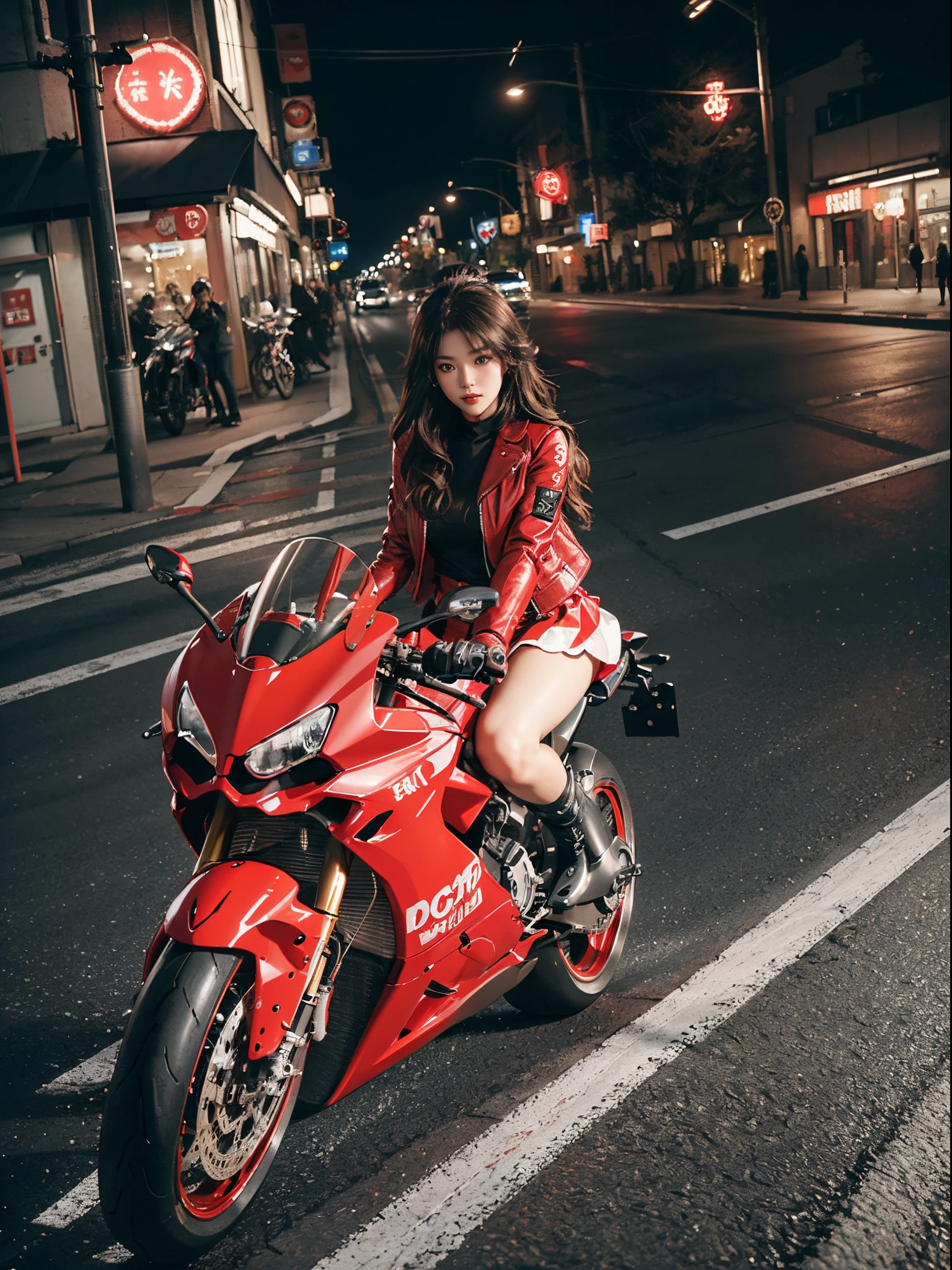 hight resolution、high-level image quality、in 8K、Real live-action、Raw photography、top-quality、masterpiece、masutepiece、(Soft Saturation:1)、(depth of fields:1.2)、(Ray traching:1.2)、Shot diagonally from above、mid night、optic、The background is a sci-fi future city at night.....、Light traces、Flowing light、heavy wind、Big red motorcycle speeding through the city at night、Young woman in red dress sitting on a big red motorcycle, Beautiful face、kawaii faces、(Red Skin Jacket:1.2)、(Red short skirt:1.3)、white knee highs、(Red boots:1.2、Draw the toes:1.2)、perfect hand、perfect foot、perfect ankles、Perfect toes、Perfect toes、Perfect Heel:1.3、((Grasp the controller with both hands:1.2))、Slouched、put one'Upper body, Lower body:1.2、Sitting on the Ducati Panigale V4,Riding the Ducati Panigale V4, Sci-fi style bikes, Sci-fi style bikes, Ducati Panigale V4 Motorcycle Rider, How to ride the Ducati Panigale V4, (Draw left and right rearview mirrors:1.3)、headlights shine blue、picture of a female biker, motorbike,Motorcycle displacement: Ducati Panigale V4 Details、motion-blur、raise white smoke、