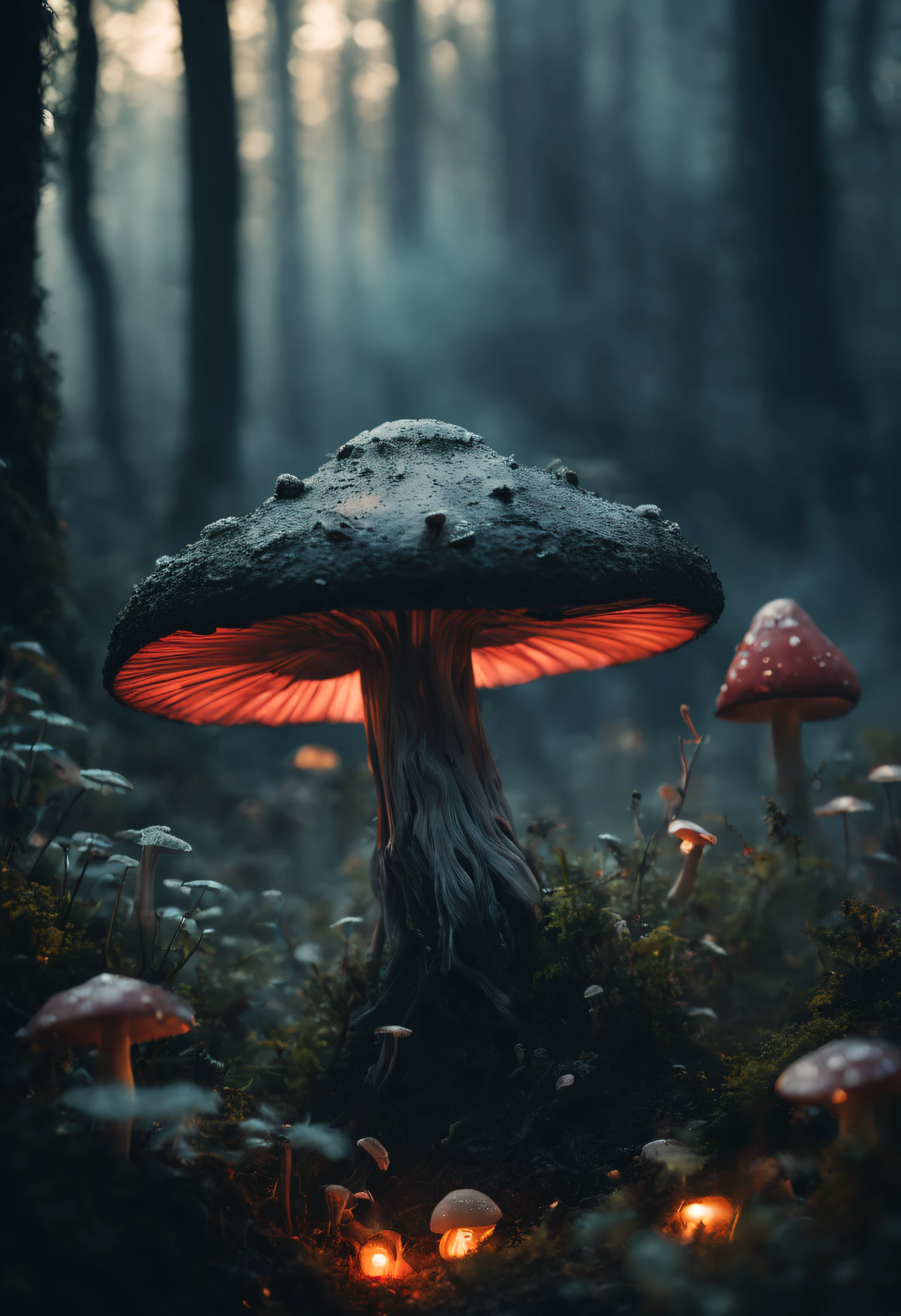 (art by Alessio Albi:1.5),
extreme close up of a small faintly glowing skull shaped fly agaric growing on a mossy dead tree in a dark forest surrounded by large trees, fireflies, glowing particles, hidden from plain sight,
film grain, highly detailed photography, (muted colors, cinematic, dim colors, soothing tones:1.2), vibrant, insanely detailed, hyperdetailed, (dark shot:1.5) + Houdini VFXanny" textured with water droplets!! trending artstation 8k render high contrast between the image and picture!!, pastel pink sci-fi concept artist style pencil drawing!!! intricate detail digital matte painting Nausicaa ink airbrush illustration sharp focus realistic volumetric lighting macro photograph beautiful scenery unreal engine realistic 3D realism28x rendered 4K depth shading hd extremely ominous quality super resolution photo taken at golden hour