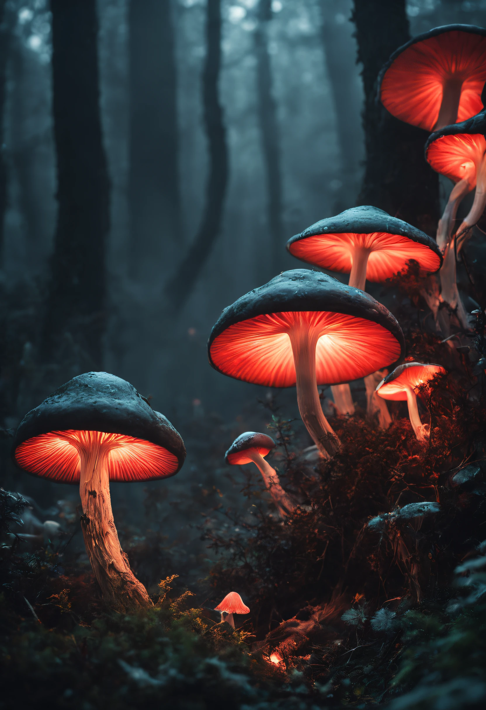 The main color is black.1book mushroom、As it approaches the ground, it becomes a terrifying smoke with strange shapes.、A mushroom wrapped in lightning that emits a mysterious light.、Otherworldly luminescence and translucent materials、Mesmerizing surreal movie stills of Alice in Wonderland, magical dreamland bokeh background, A fascinating and eerie fantasy world, Illuminates dark shot scenes with a fantastic glow, Otherworldly elements of a familiar story, ether wonderland, mystic atmosphere, Dark enchantment and the aesthetics of dark fantasy realism, (Translucent bioluminescent material)、((A deformed poisonous mushroom that grows in another world and emits bewitching smoke.,)) Ultra-realistic, (Voronoi pattern, depth of fields, (swirly bokeh:1.275), (Kodak Portra 400:0.875) :1.15), (Realistic and complex futuristic background, Lots of futuristic cookware:1., (Turbulent Toxic Vapor:1.2, Magnificent surrealism, Red lighting, low key light:1.1), Notable masterpieces, celestial, Ethereal, epicd, Magical Light Flare, Natural and soft dreamy lighting, ((Warm Yellow and Deep Carbon:0.7), (Cinematic Look:1.15):1.15)