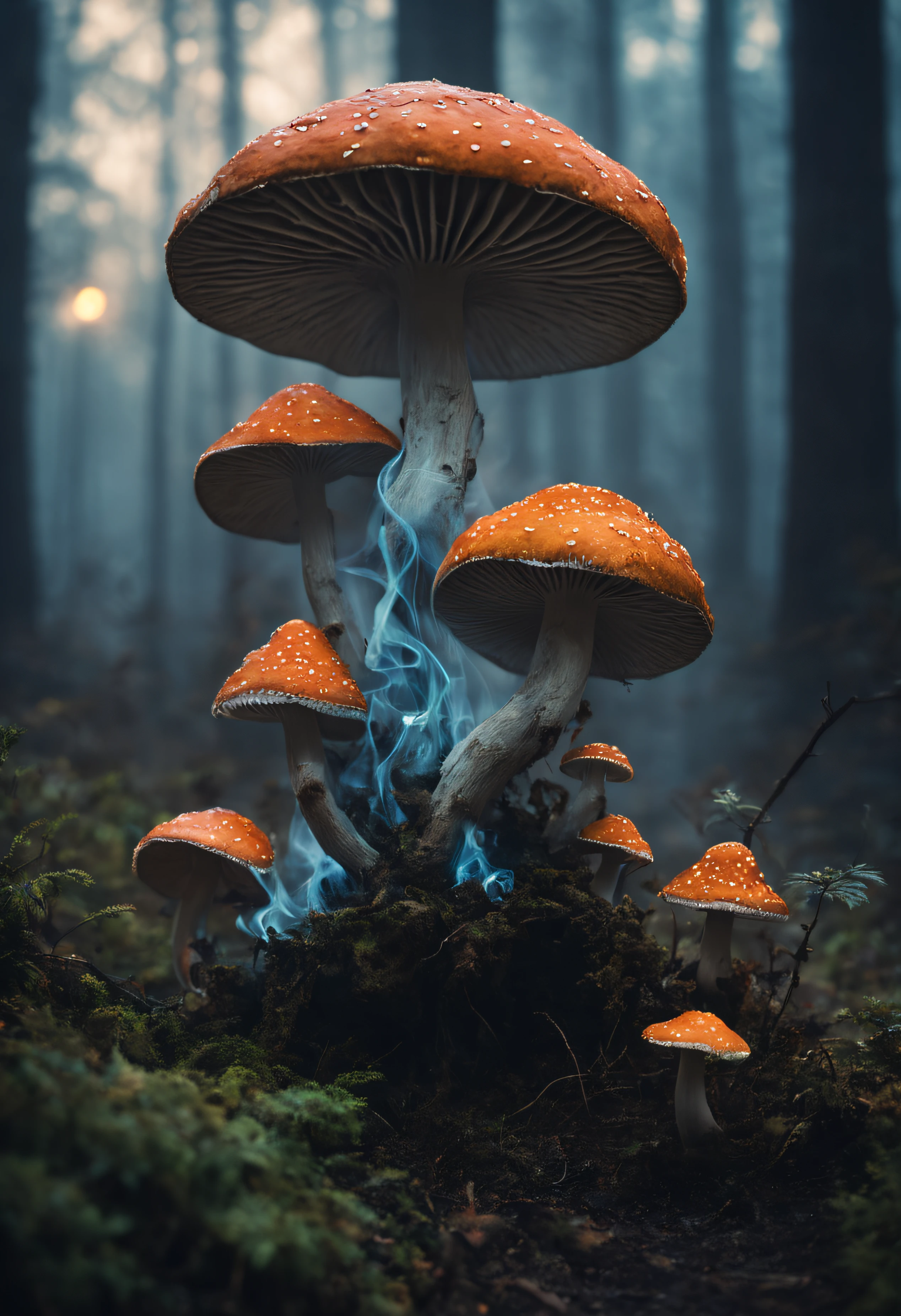 The main thing is a collection of poisonous mushrooms that emit smoke from their heads.、As it approaches the ground, it becomes a terrifying smoke with strange shapes.、A mushroom covered in smoke that emits a mysterious light.、Mesmerizing surreal movie stills of Alice in Wonderland, magical dreamland bokeh background, A fascinating and eerie fantasy world, Illuminates dark shot scenes with a fantastic glow, Otherworldly elements of a familiar story, ether wonderland, mystic atmosphere, Dark enchantment and the aesthetics of dark fantasy realism, Translucent bioluminescent material、((A deformed poisonous mushroom that grows in another world and emits bewitching smoke.,)) Ultra-realistic, (Voronoi pattern, depth of fields, (swirly bokeh:1.275), (Kodak Portra 400:0.875) :1.15), (Realistic and complex futuristic background, Lots of futuristic cookware:1.1), ((Mushroom made of shiny glass)), (Turbulent Toxic Vapor:1.2, Magnificent surrealism, Rim lighting, low key light:1.1), Notable masterpieces, celestial, Ethereal, epicd, Magical Light Flare, Natural and soft dreamy lighting, ((Warm Yellow and Deep Carbon:0.7), (Cinematic Look:1.15):1.15)