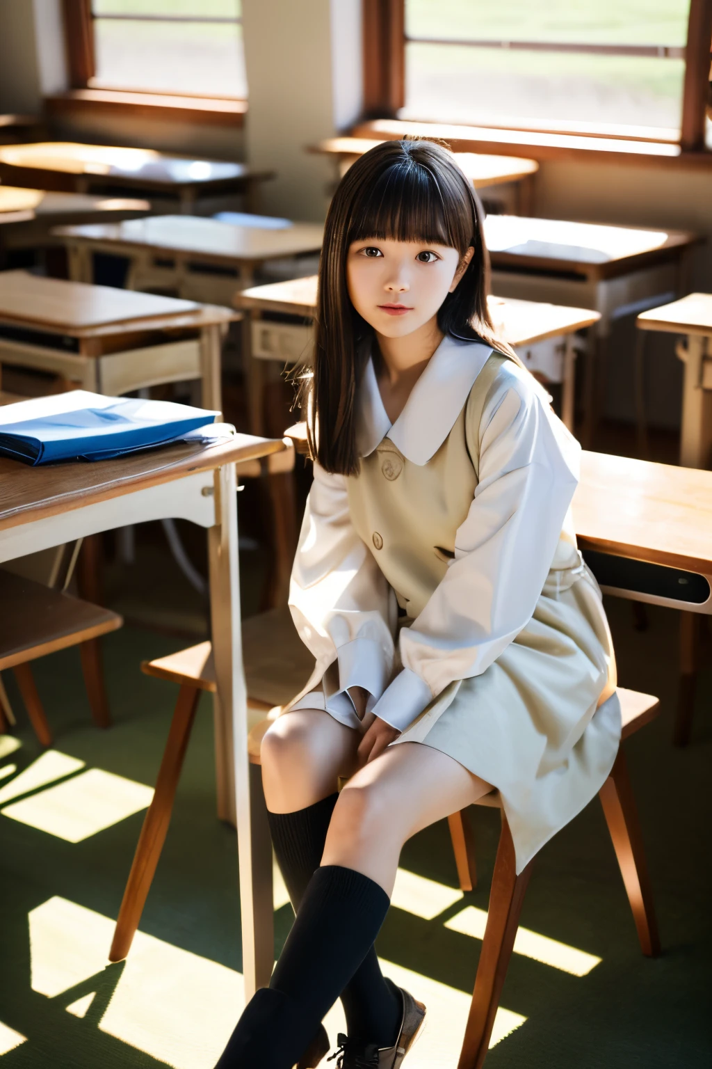 8K,Japanese,10 years old,innocent face,teenage girl,cute,summer clothes,everyday wear,sitting,black hair,library,I read a book,hair clip