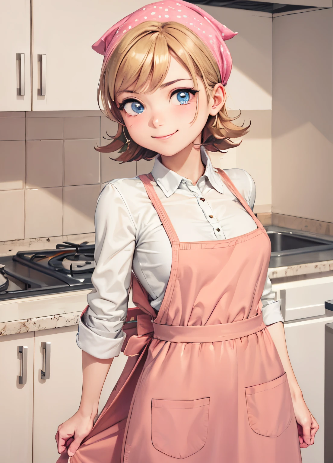 ((Best Quality)), ((Highly detailed)), masutepiece, absurderes, extra detailed face, Beautiful face, (Detailed eyes, deep eye), (1girl in), Upper body, Cooking mama, a blond, Long hair, Brown eyes, medium breasts, Pink bandana, Smiling, (Beige apron), long apron, Maxi Apron, White collared shirt, sleeves rolled up, black pants, Slippers, white footwear, , Indoors, in a kitchen,posing for photo, Smooth Anime CG Art, kawaii realistic portrait, artwork in the style of guweiz, photorealistic anime girl render, 3 d anime realistic, Detailed Digital Anime Art, very beautiful cute girl, digital anime art, realistic anime 3 d style, realistic anime art style, anime styled 3d