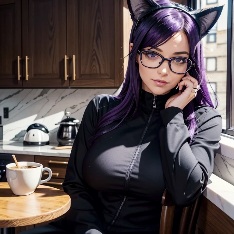 Il y a une femme adulte avec des lunettes , dans son bureau, sit in front of her computer , working place, long winter dress, warm clothes , cat ears, white stockings, Dark and purple hair, black hair and purple locks, cat ears on the head, gros seins, belle poitrine,  Avatar de seconde vie, Nice screenshot, Seconde vie, Close-up between the legs , seductive woman, portant des lunettes noires brillante