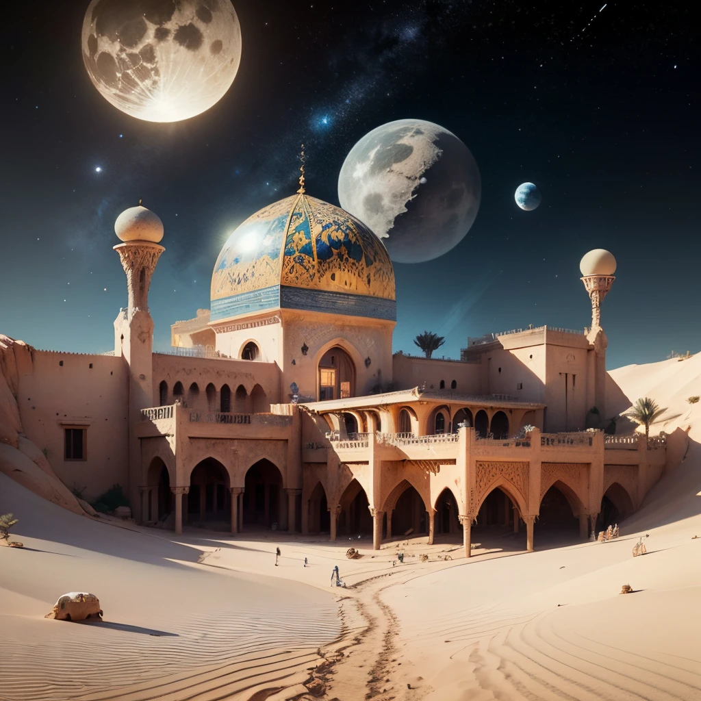 A Moroccan palace in the desert adorned with ancient Moroccan mosaic tiles, its appearance transformed into the future, with a spacecraft in the background, surrounded by stars and planets, as if on the edge of the moon --auto --s2