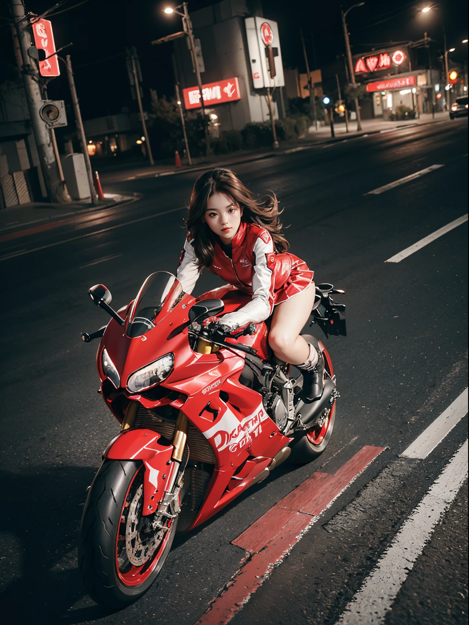 hight resolution、high-level image quality、in 8K、Real live-action、Raw photography、top-quality、masterpiece、masutepiece、(Soft Saturation:1)、(depth of fields:1.2)、(Ray traching:1.2)、Shot diagonally from above、mid night、optic、The background is a sci-fi future city at night.....、Light traces、Flowing light、heavy wind、Big red motorcycle speeding through the city at night、Young woman in red dress sitting on a big red motorcycle, Beautiful face、kawaii faces、(Red Skin Jacket:1.2)、(Red short skirt:1.3)、white knee highs、(Red boots:1.2、Draw the toes:1.2)、perfect hand、perfect foot、perfect ankles、Perfect toes、Perfect toes、Perfect Heel:1.3、((Grasp the controller with both hands:1.2))、Slouched、put one'Upper body, Lower body:1.2、Sitting on the Ducati Panigale V4,Riding the Ducati Panigale V4, Sci-fi style bikes, Sci-fi style bikes, Ducati Panigale V4 Motorcycle Rider, How to ride the Ducati Panigale V4, (Draw left and right rearview mirrors:1.3)、headlights shine blue、picture of a female biker, motorbike,Motorcycle displacement: Ducati Panigale V4 Details、motion-blur、raise white smoke、