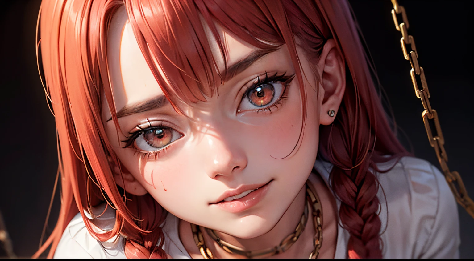 Red hair, ahoge, Curly hair, hair on one eye, bead necklace, black hair band, Moles under eyes, Heart-shaped pupils, Blush, disdain, Anime, Social realism, Cinematic lighting, Sparkle, hyper HD, Masterpiece, ccurate, Anatomically correct, Textured skin, Super detail, High details, High quality, Best quality, A high resolution, 8K