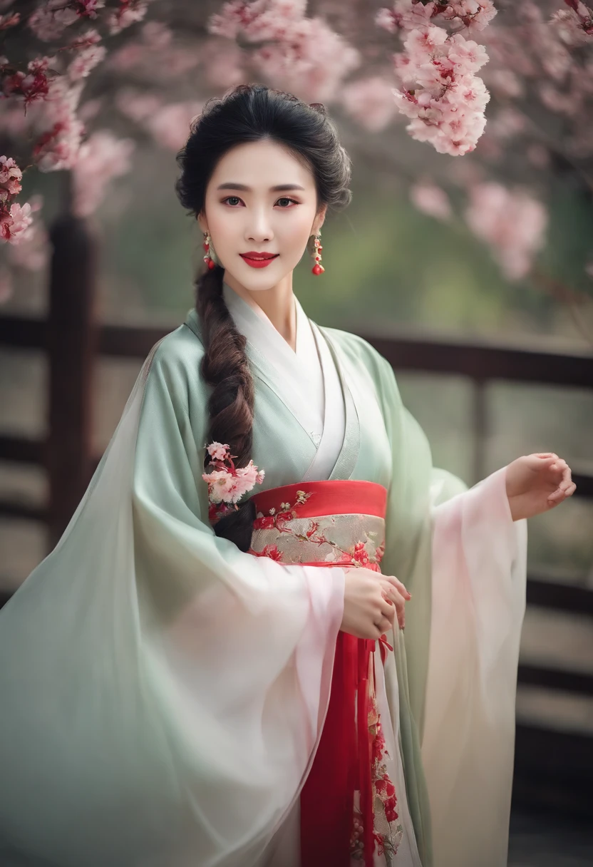 40 year old woman in Hanfu,high literature,Fresh and natural,blossom flower,The clothes are gorgeous,exquisite detailing,Bright soft light,Smile gently,in pastel shades,The breeze blows through,Antique rhyme.