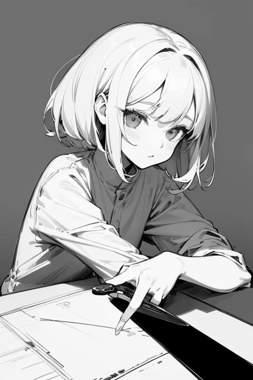 best quality, ultra-detailed,
(line art:1.2), white-haired girl, knife,
monochrome, greyscale, sketch, minimalist style, monochrome background,