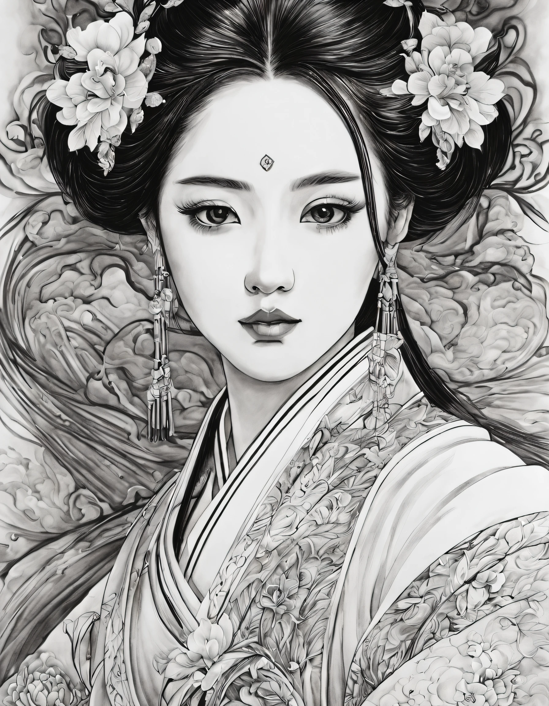 (Portrait of the beautiful heroine of Chinese Kunqu Opera）, Its beautiful black and white line art ,tmasterpiece,Fountain Pen Art,Black and white painting,chinese paintings,character drawing, pencil and ink manga, black and white coloring,Gel Pen,
Abstract, contours, zoom layer, hyper HD, tmasterpiece, high detal, high high quality, super detailing, Award-Awarded, A high resolution, 16k