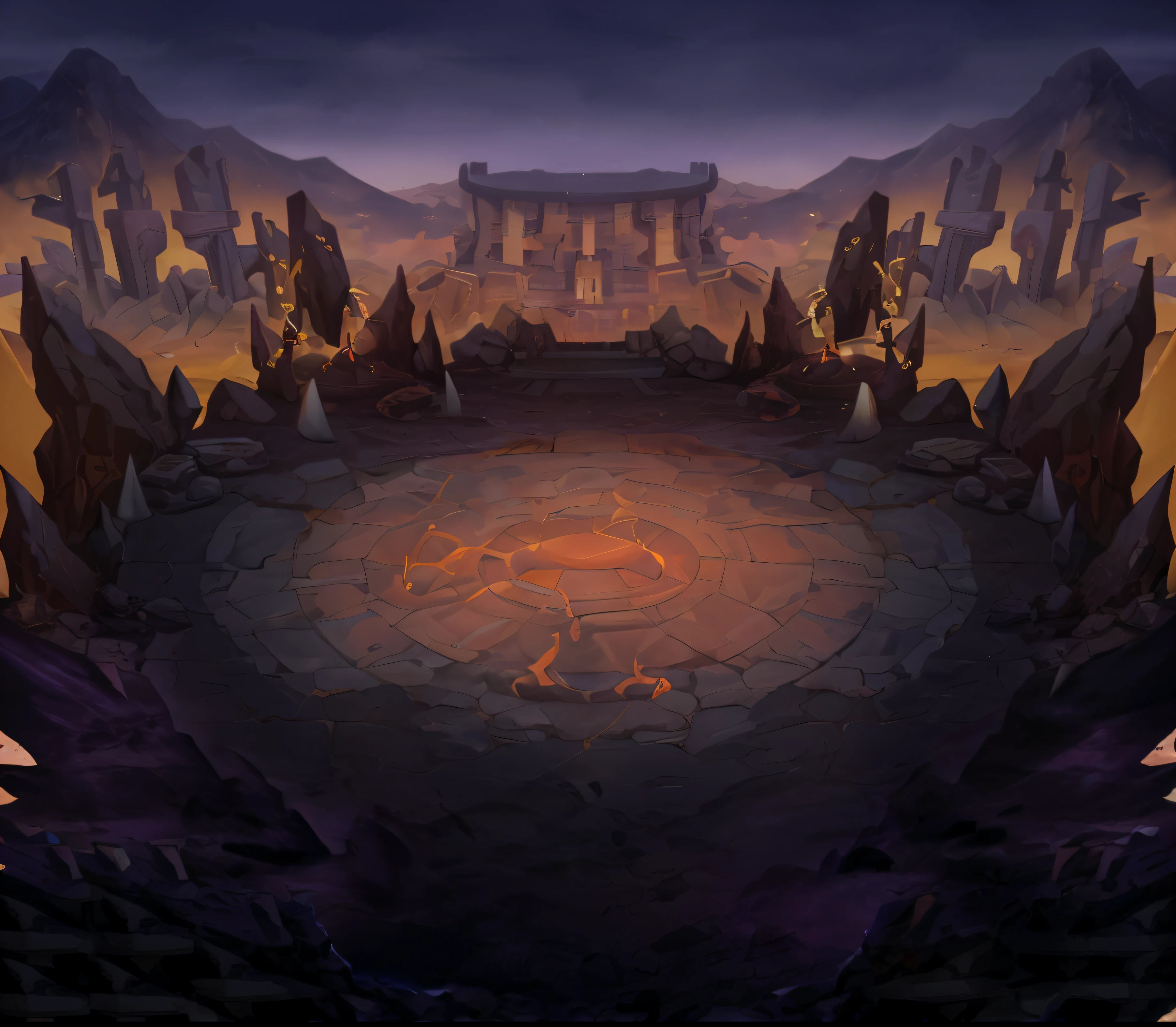Cartoon illustration of stone circle with fire in the center, odin's stone arena background, arena background, Ancient site background, volcanic workshop background, battleground background, Stunning mystery background, dungeon background, background artwork, arte de fundo, riot background, background is the ruins, World of Warcraft art style, Magical battlefield background, purple fire around magic arena