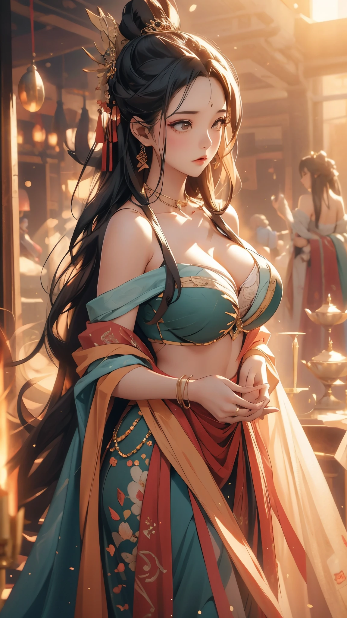 (RAW photogr,Best quality at best),Huge breasts,Frontal photo,cleavage,Off-the-shoulder attire,(realistically,real photograph:1.3 pcs),Best quality at best,Chopping,,The content is very detailed,tmasterpiece、,ultra - detailed,Lighting、,2 girls,(huge boob,LOP),dynamic angle,World Masters Theatre,clutter_long_the hair,Best quality at best,extremely detaild的 CG unified 8k wallpapers,ink,astounding,电影灯光,lens_flare,dunhuang_Stylized