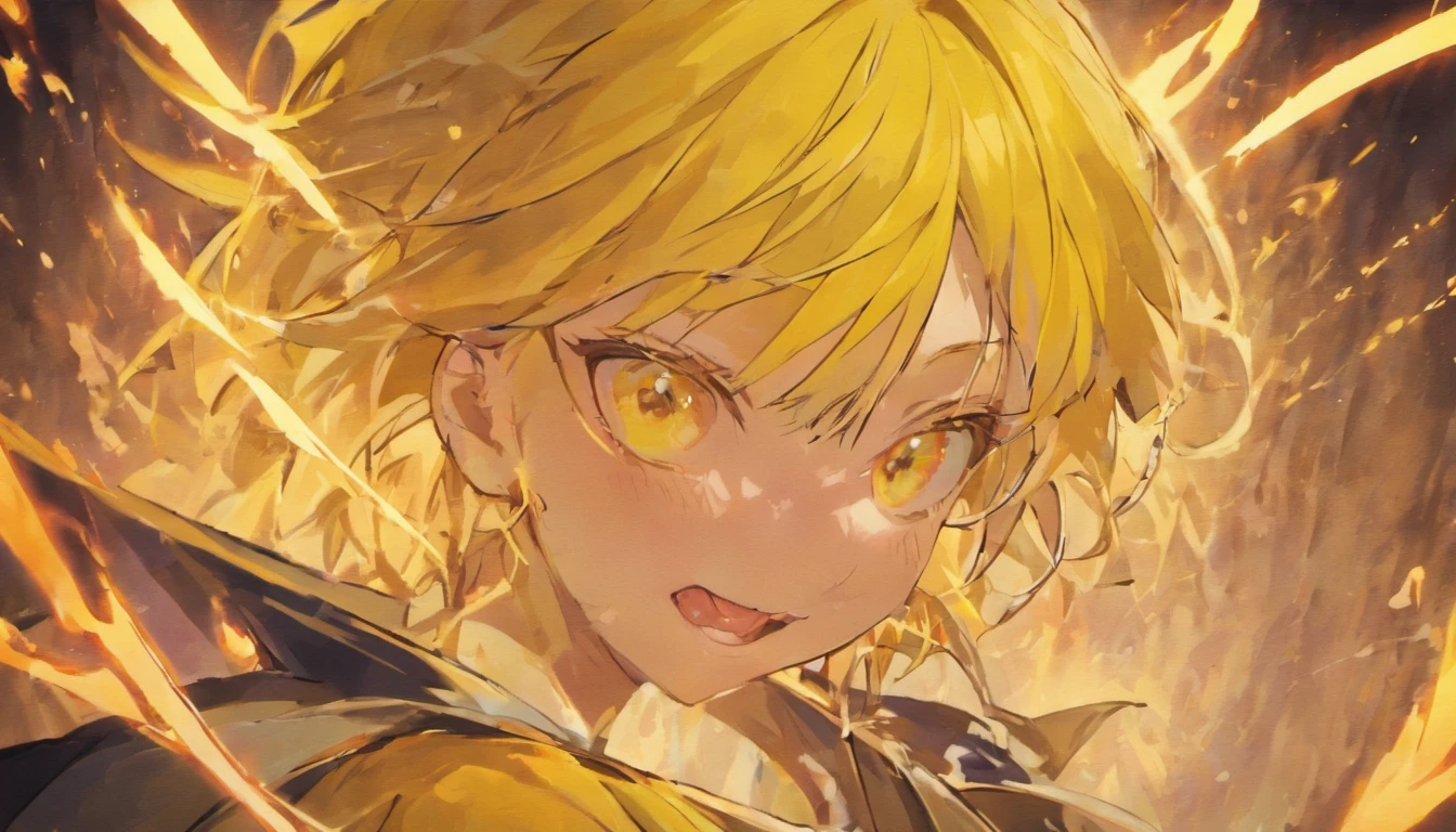 Zenitsu demon slayer, yellow energy, extreme close up of face , Gothic style, male