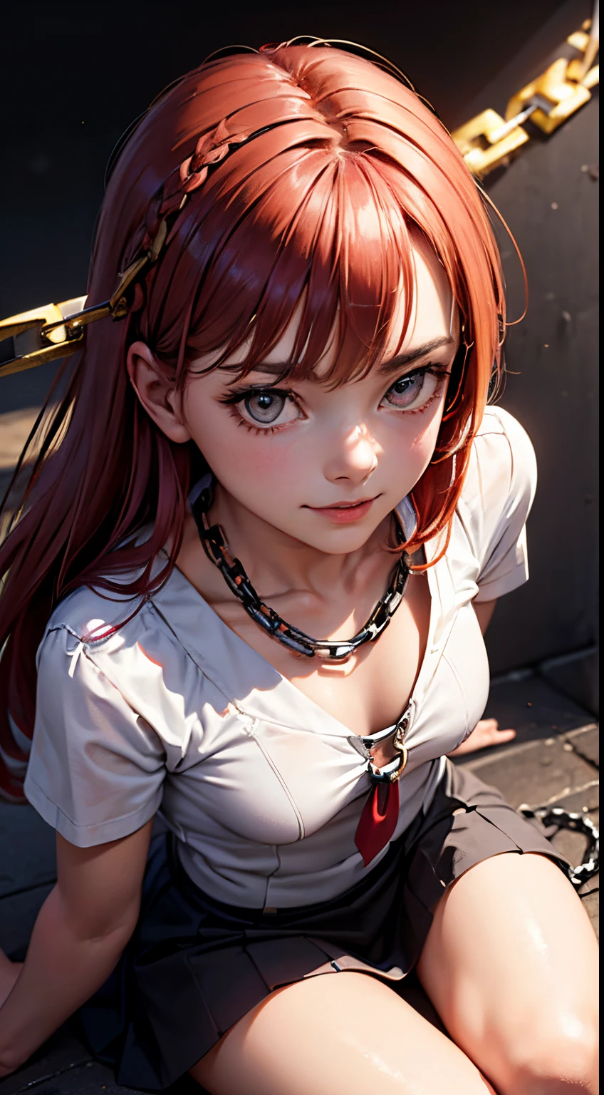 Makima with the face of Margot Robbie (chain saw man), Best Quality, ultra-detailliert, 1girl in, Solo, Standing, Red hair, Long braided hair, Golden Eyes, Bangs, very small pointed chest, White shirt, tie, Look, Smile, (in bad: 1.2), Looking at the viewer, (interview: 1.3), (Dark background, chains: 1.3), From  above, sharp contrast, Beautiful detailed eyes, Focus, Close Up Shot,crouching down