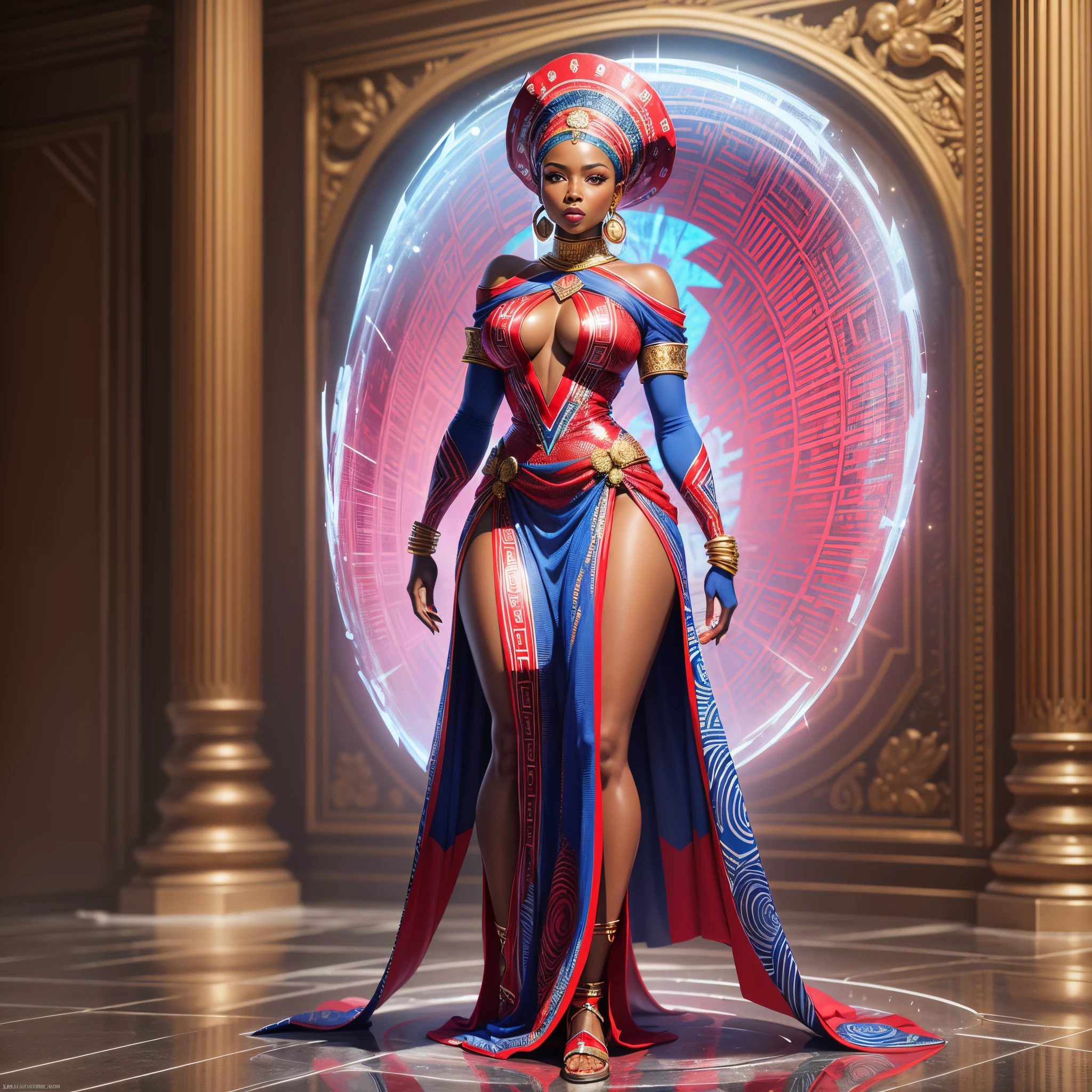 an ice sculpture of a beautiful African woman dressed in African designed clothes, standing in an empty Area full of  large reflective mirrors, red flares on the ground providing a red cinematic look, red and blue look, cinematic lighting, artgerm style, 32k, ultra HD, hyper-realistic image --auto --s2