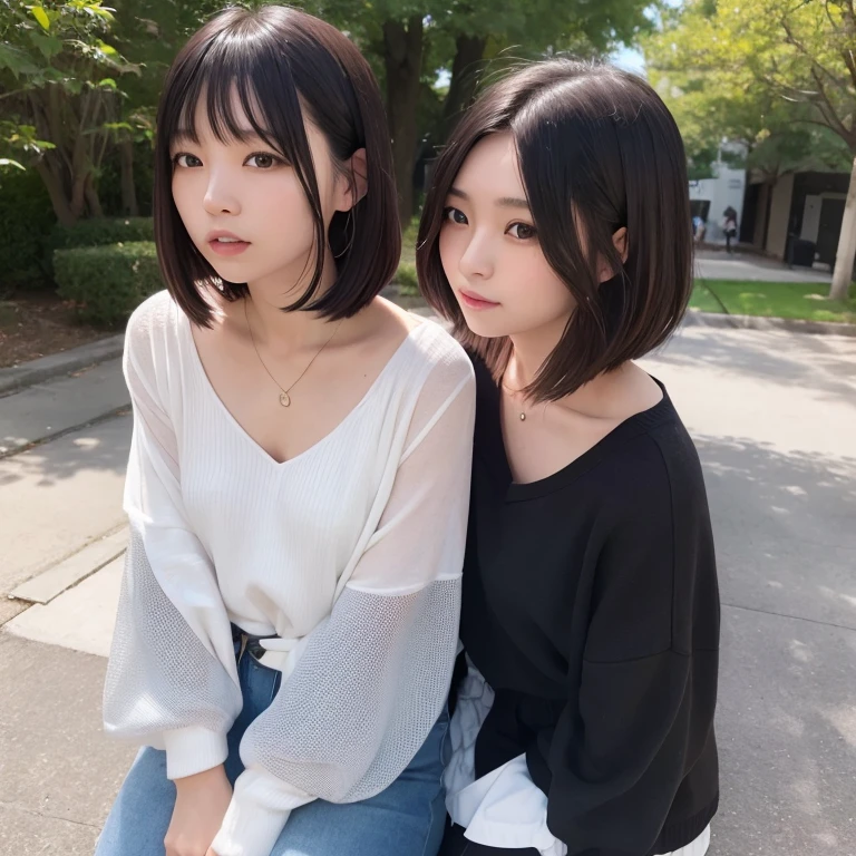 1girl in, 22year old, gradient, up looking_で_viewer, Black_hair, Solo by JM, Yoshiko Akishino, Shorthair, sisterhood, a park