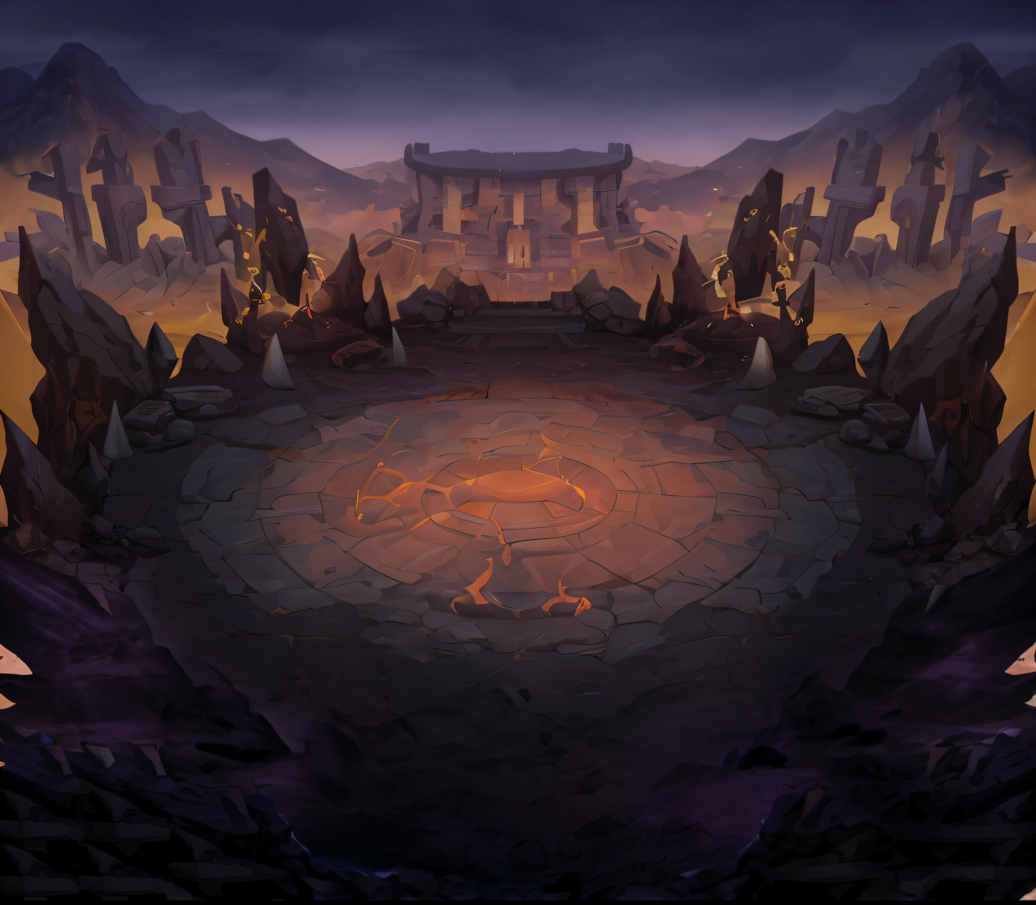 Cartoon illustration of stone circle with fire in the center, odin's stone arena background, arena background, Ancient site background, volcanic workshop background, battleground background, Stunning mystery background, dungeon background, background artwork, arte de fundo, riot background, background is the ruins, World of Warcraft art style, Magical battlefield background, purple fire around magic arena