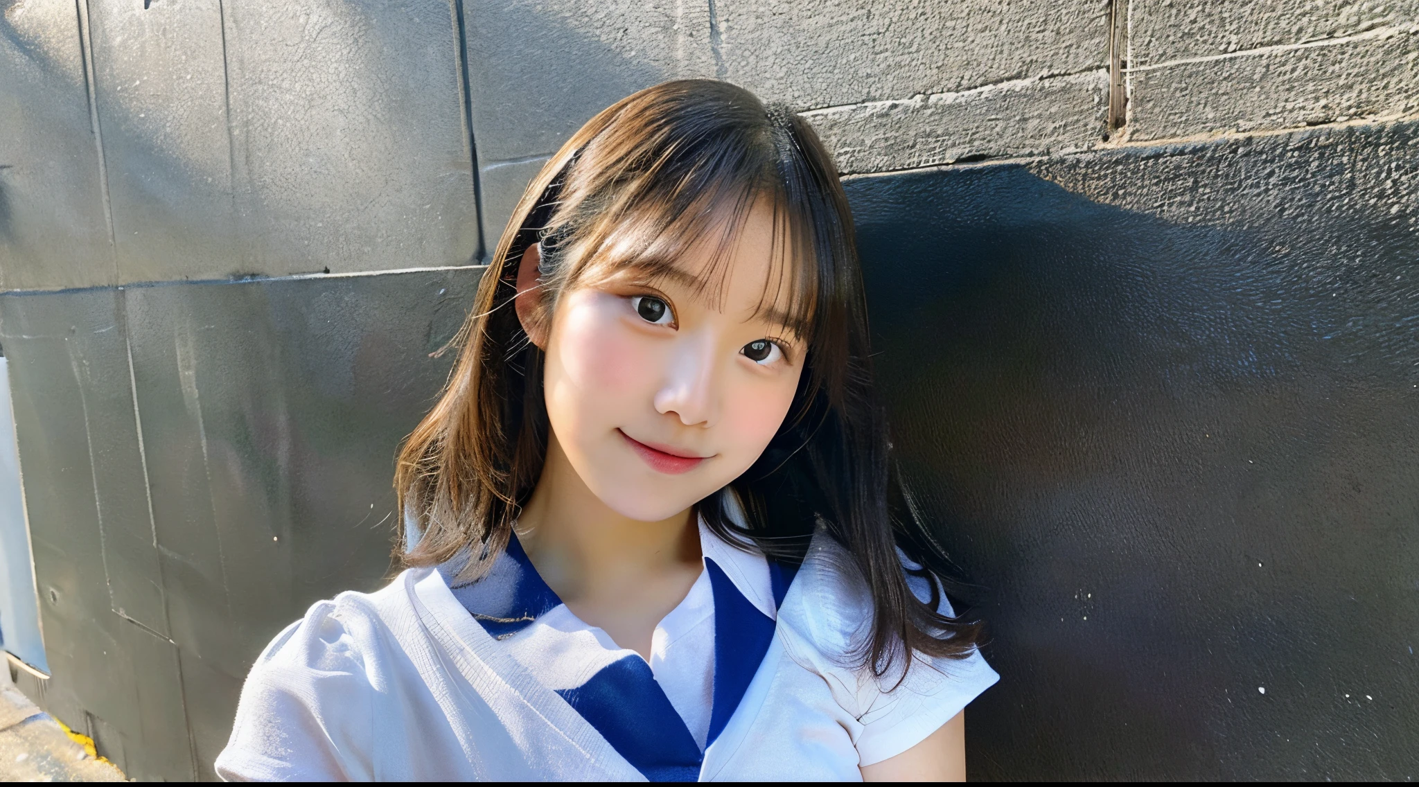 (Beautiful  Japanese girl), cute face, (deeply carved face:0.7), (freckles:0.6), dramatic lighting, shy, ponytail, (smile), (sparkling eyes), sitting, spread legs, japanese school uniform,sailor suit, slender