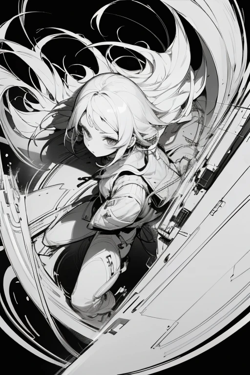 best quality, ultra-detailed, white lighting, flat lighting,
(line art:1.2), white-haired girl, knife,
monochrome, greyscale, sketch, minimalist style, line art background, white background