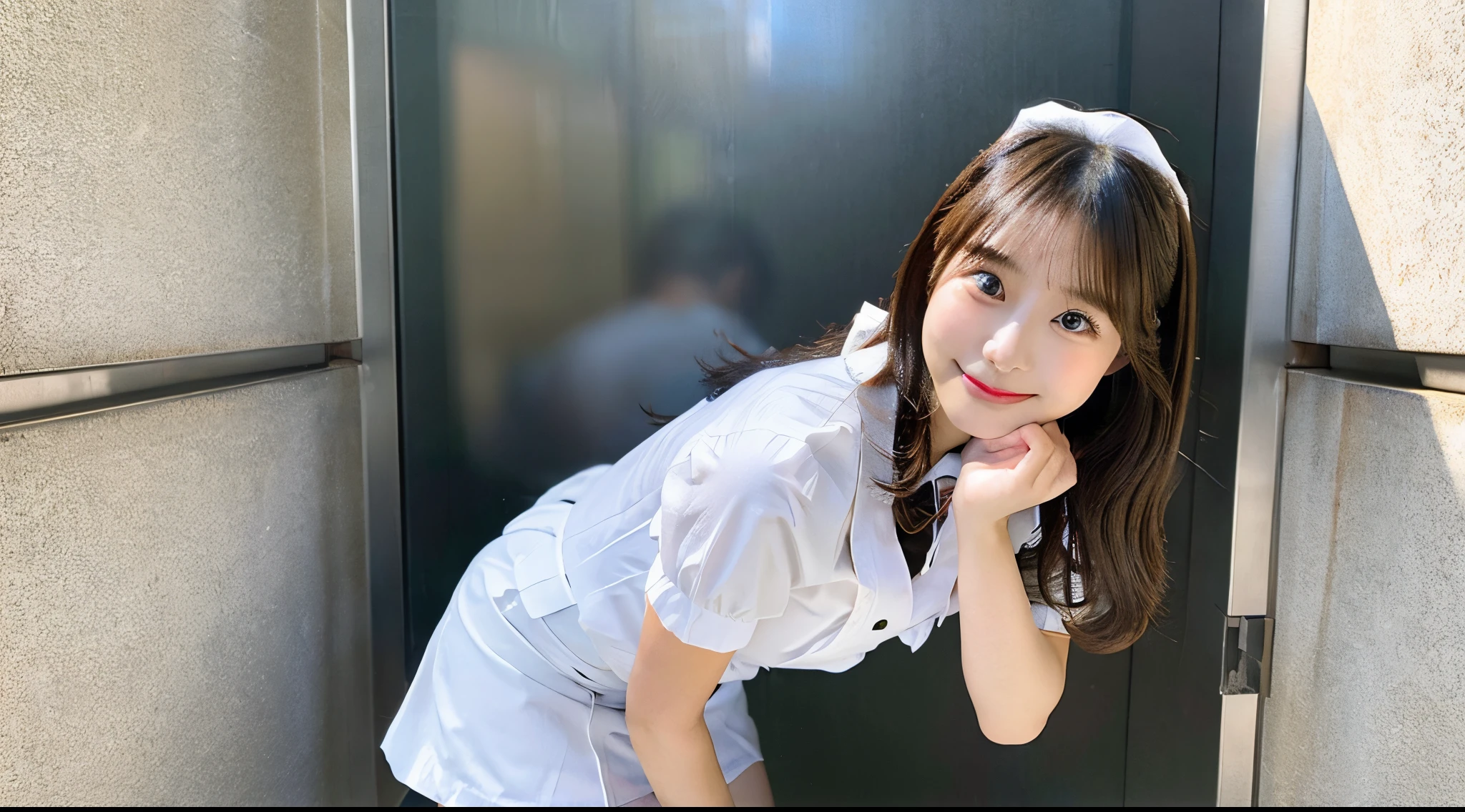 Cute waitress 18 years old wearing a white miniskirt
