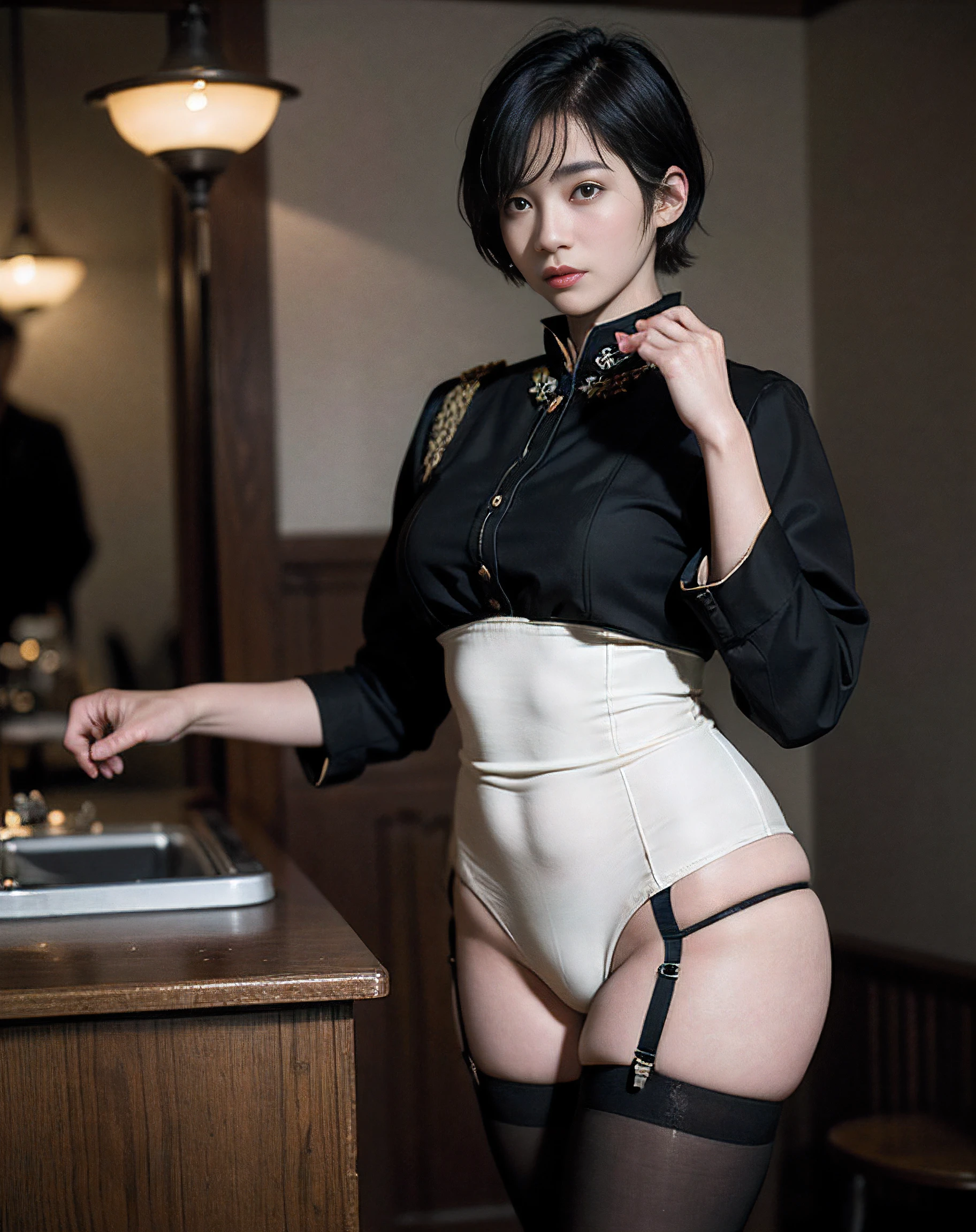 masutepiece、(Raw foto:1.2)、(Photorealsitic:1.4)、ultimate beauty girl、Well-formed and beautiful face、a beautiful detailed girl、extremely detailed eye and face、beatiful detailed eyes、Ridiculous、unbelievable Ridiculous、huge filesize、ultra-detailliert、hight resolution、ighly detailed、top-quality、masterpiece、((OL Lady Uniform))、((of the Empire of Japan))、((Black color military uniform))、((Short-haired layer cut))、illustratio、nffsw、Unity、8k wallpaper、astonishing、finely detail、masterpiece、top-quality、A highly detailed、nffsw、uniformss、8k wallpaper、face lights、Cinematographic lighting、18year old、1girl in、(witheout panties)、((dynamicposes))、(camel's toe)、(half)、(((Without glasses)))、(garters)、((Pantyhose and legs))、((is standing))