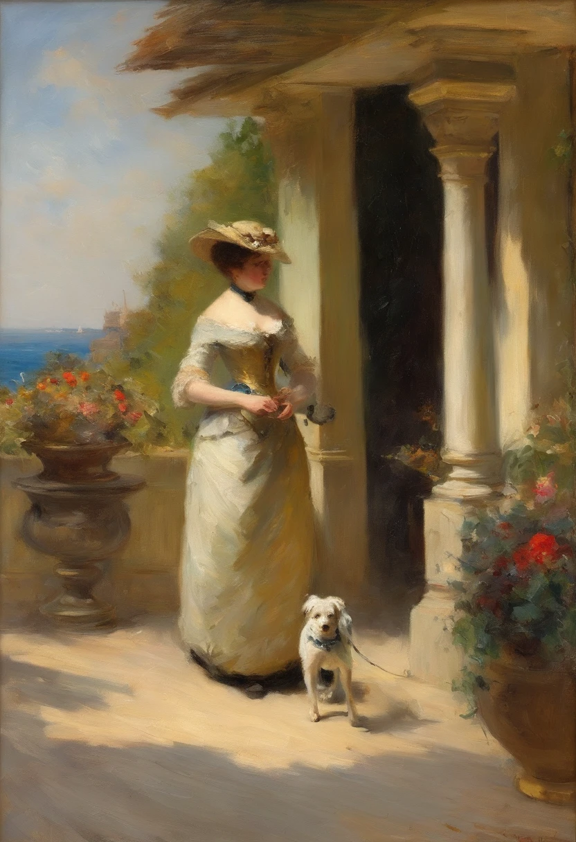 A young beguilingly beautiful Victorian lady with a little dog on a leash standing on a veranda looking out to sea painting by Adolphe Menzel
