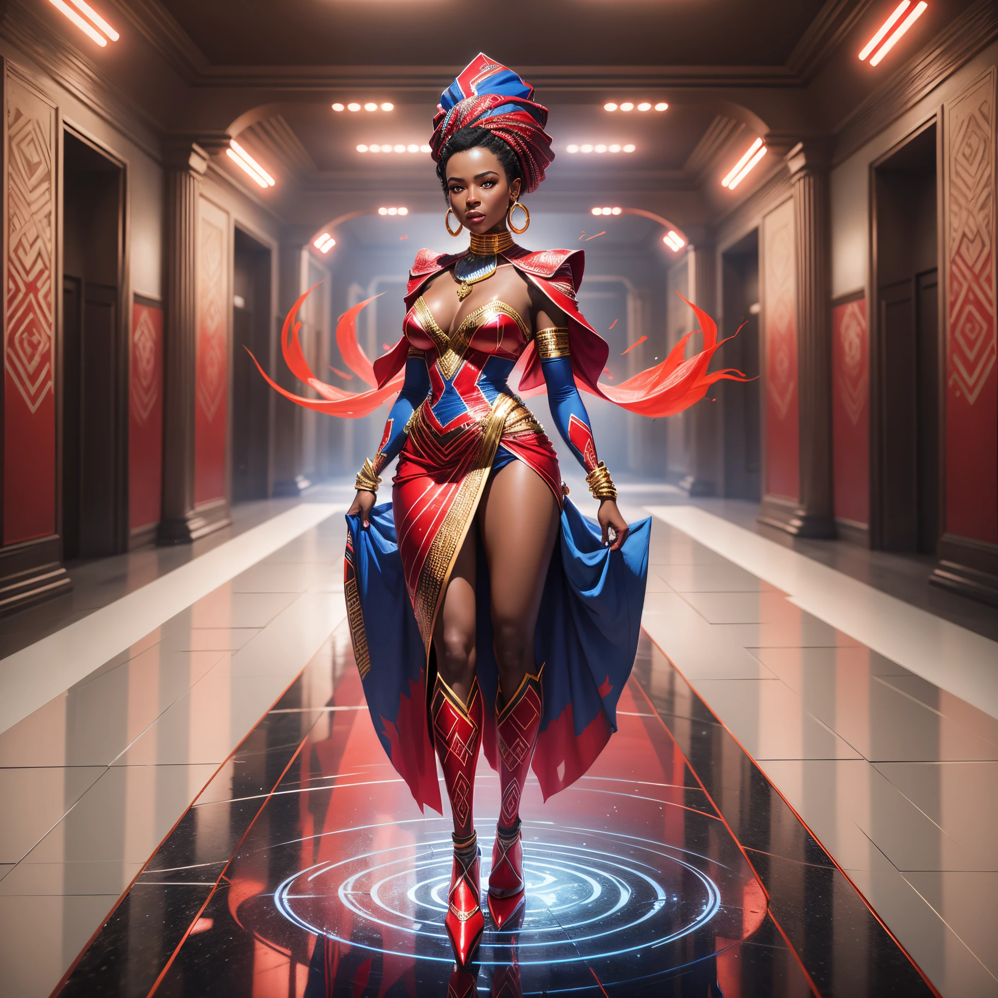 an ice sculpture of a beautiful African woman dressed in African designed clothes, standing in an empty Area full of large reflective mirrors, red flares on the ground providing a red cinematic look, red and blue look, cinematic lighting, artgerm style, 32k, ultra HD, hyper-realistic image --auto --s2