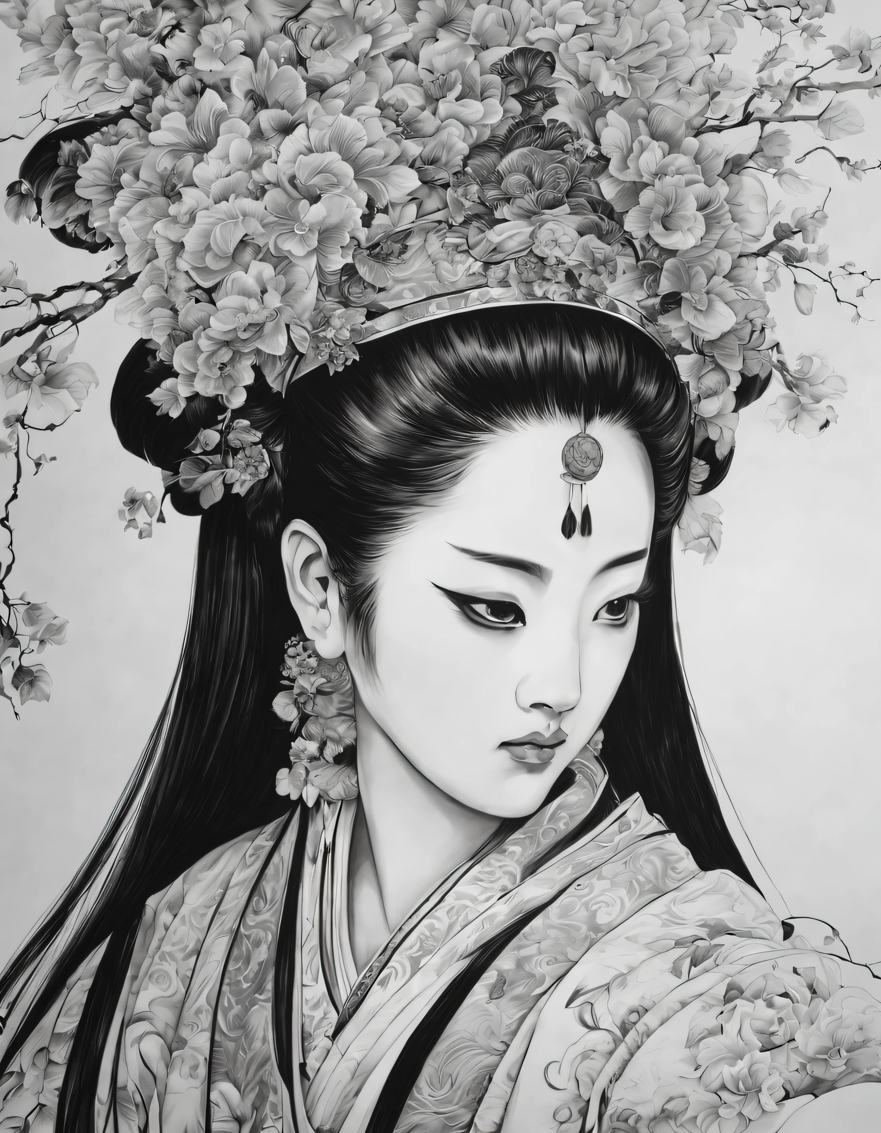 (Portrait of the beautiful heroine of Chinese Kunqu Opera）, Its beautiful black and white line art ,
tmasterpiece,Fountain Pen Art,Black and white painting,chinese paintings,character drawing, crayon art，illustration，comic strip, black and white coloring,Gel Pen,
Abstract, contours, zoom layer, hyper HD, tmasterpiece, high detal, high high quality, super detailing, Award-Awarded, A high resolution, 16k