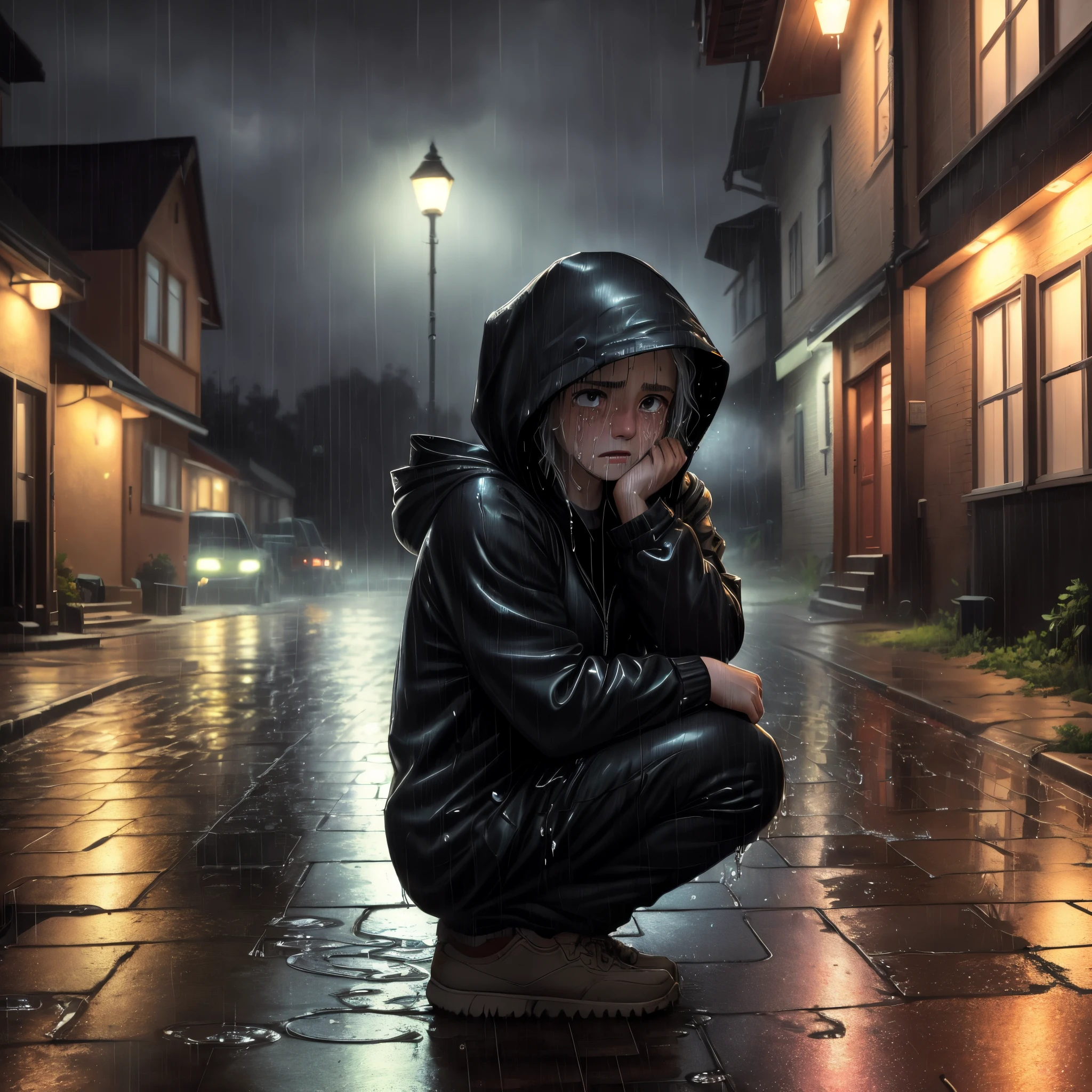 (masterpiece:1.2, best quality), (real picture, intricate details), (night, dark, downpour:1.4) There was no one in the alley, and the surroundings were silent, only the raindrops sprinkled on the tile eaves of the low houses near and far, making a slight rustling sound. In the cold rain, (1man, wet hooded jacket, sad, tears in eyes, shivering:1.2) squatting on the ground, For wallpaper iPhone 13
