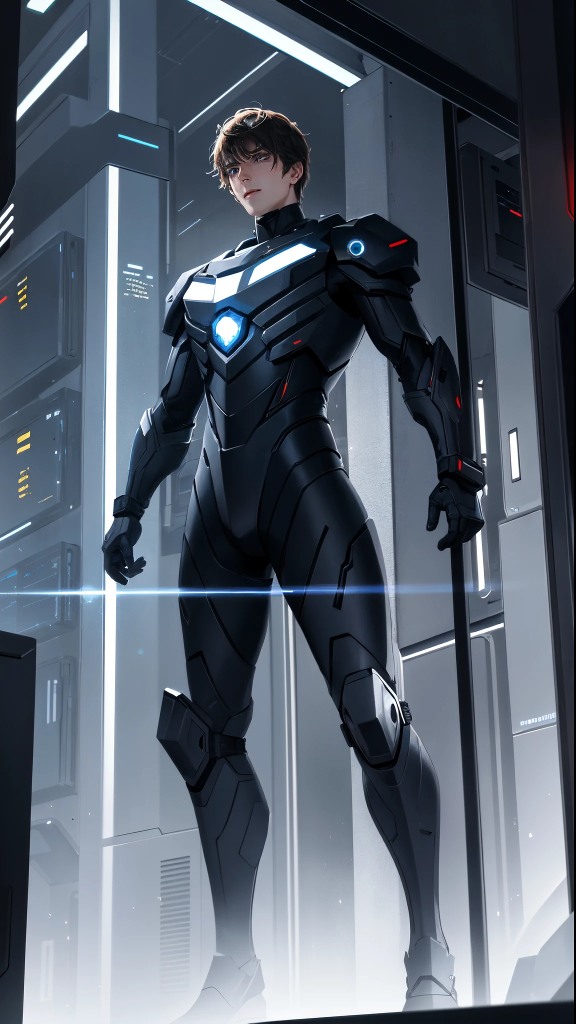 Handsome man，Tech Armor，future-tech，laser portal，Cable，Complex structures，cold shades，tmasterpiece，great science fiction