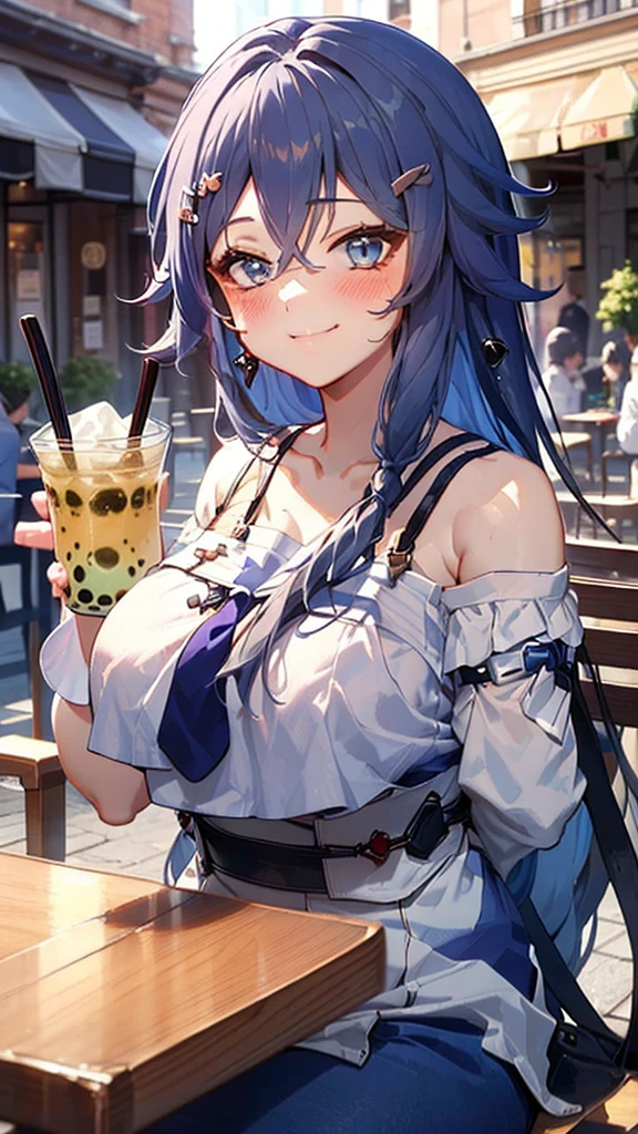 Masterpiece, best qualiy, resolution 4k,Sitting at a cafe table, classic city background, drinking Boba, italy location, girl, shy face, blush face, smile, huge breast