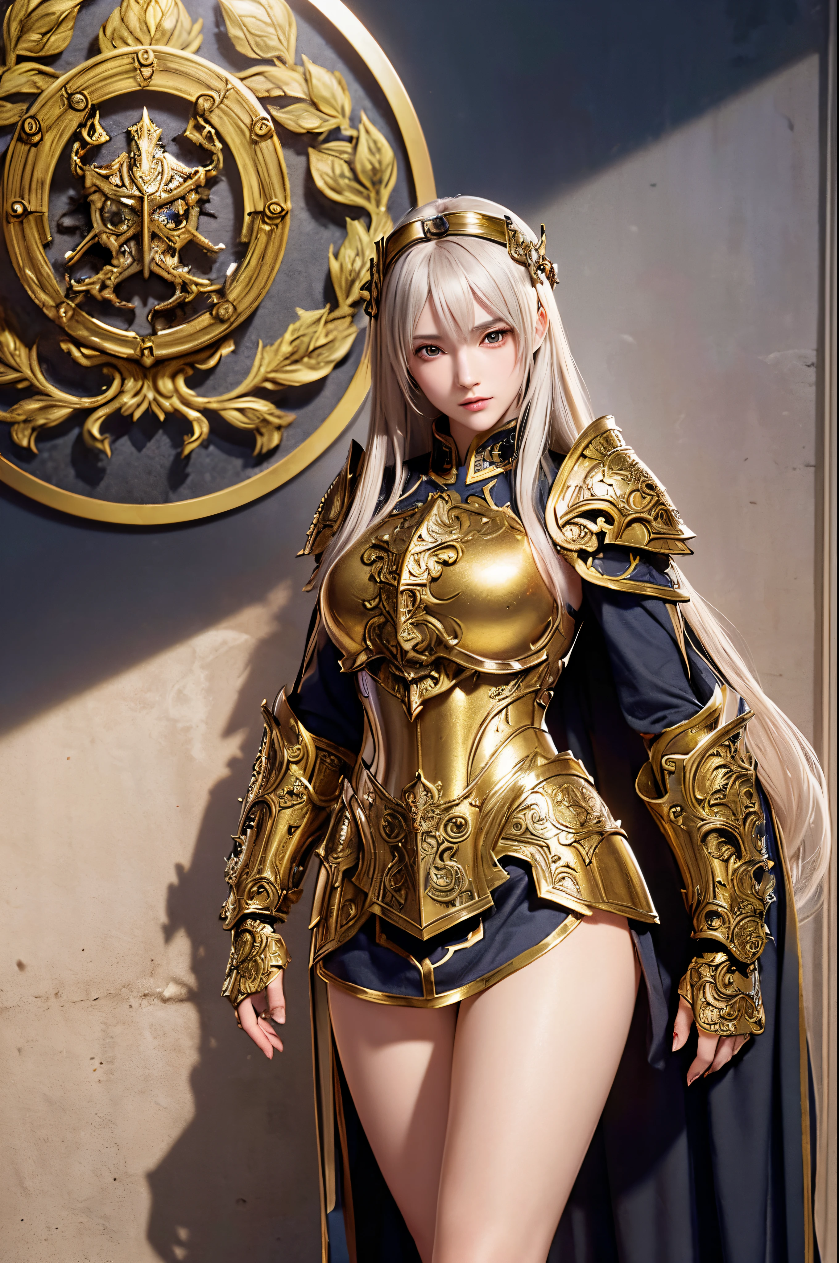 best quality, masterpiece, ultra-detailed, detailed light, (RAW photo:1.2), (photorealistic:1.4),(masterpiece:1.3),(best quality:1.4) 1girl, detailed face, solo, hips up, long hair, sky, dress, armor, cloud, full armor, gold armor