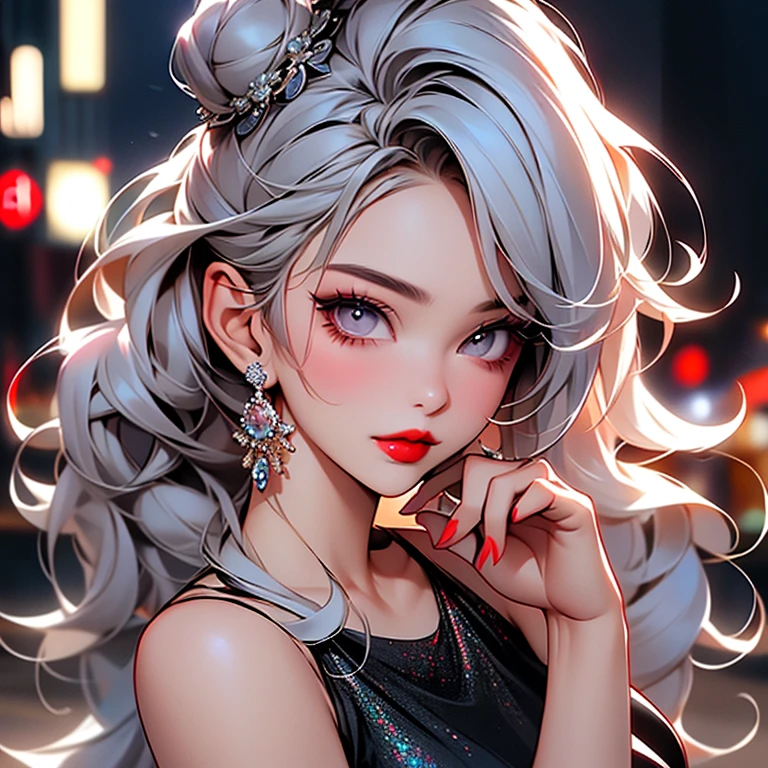 vivid 22eyes, Solo, (((full body))), Stylish fashion,hat,Model Posing,walking,Messy bun hair, half updo hair, Looking at Viewer, Hair Ornament, Pastel colors hair, Jewelry, makeup, Lips, Wavy Hair, earrings, Upper body, Portrait, Bangs, hair clips, Hand up, 鎖骨, night city background, Red lips,