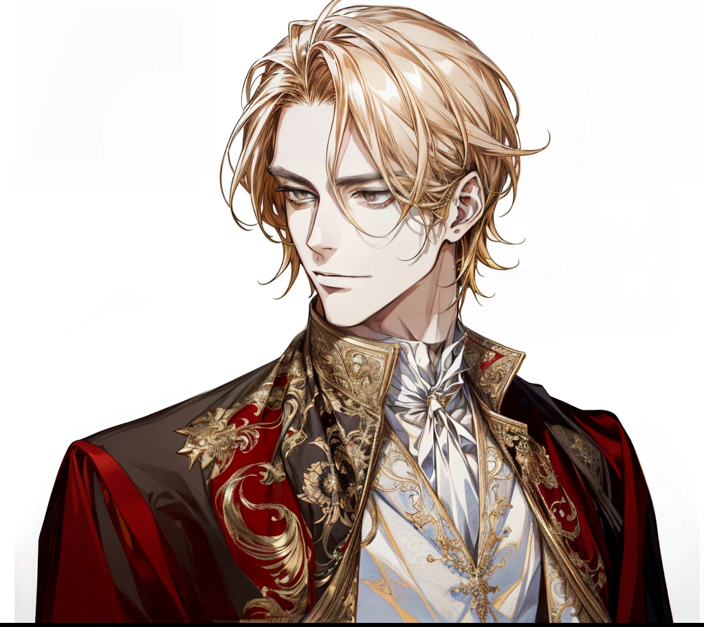 (absurd, high resolution, super detailed), 1 male, black eyes, brown hair, scholarly temperament, all black formal wear, Victorian clothing, masterpiece, (absurdres:1.1), best quality, extremely delicate, (beautiful face:1.1), elegant, (great composition), bags under eyes, masterpiece, (sinister smirk {(best quality, 8k, masterpiece, HDR, soft lighting, perfect image, digital illustration, manhwa art, hyper detailed image, perfect lines, realistic)} 1 very handsome man, shoulder length blonde hair, red eyes, luxurious clothes (imposing posture, black background with golden sparkles)}02 confident smirk (absurd, high resolution, super detailed), 1 male, black eyes, long shoulder length blonde hair, outfit color goldered and white formal wear, Victorian clothing, white cape, (cold beauty: 1.2), adult, handsome, thin man, broad shoulders, fine eyes and detailed face, god, symbolism, sun visual arts, occult, universal, visual projection, philosophy, iconography, numerology, pop, art, alfonse Mucha main colors gold red white god of the sun