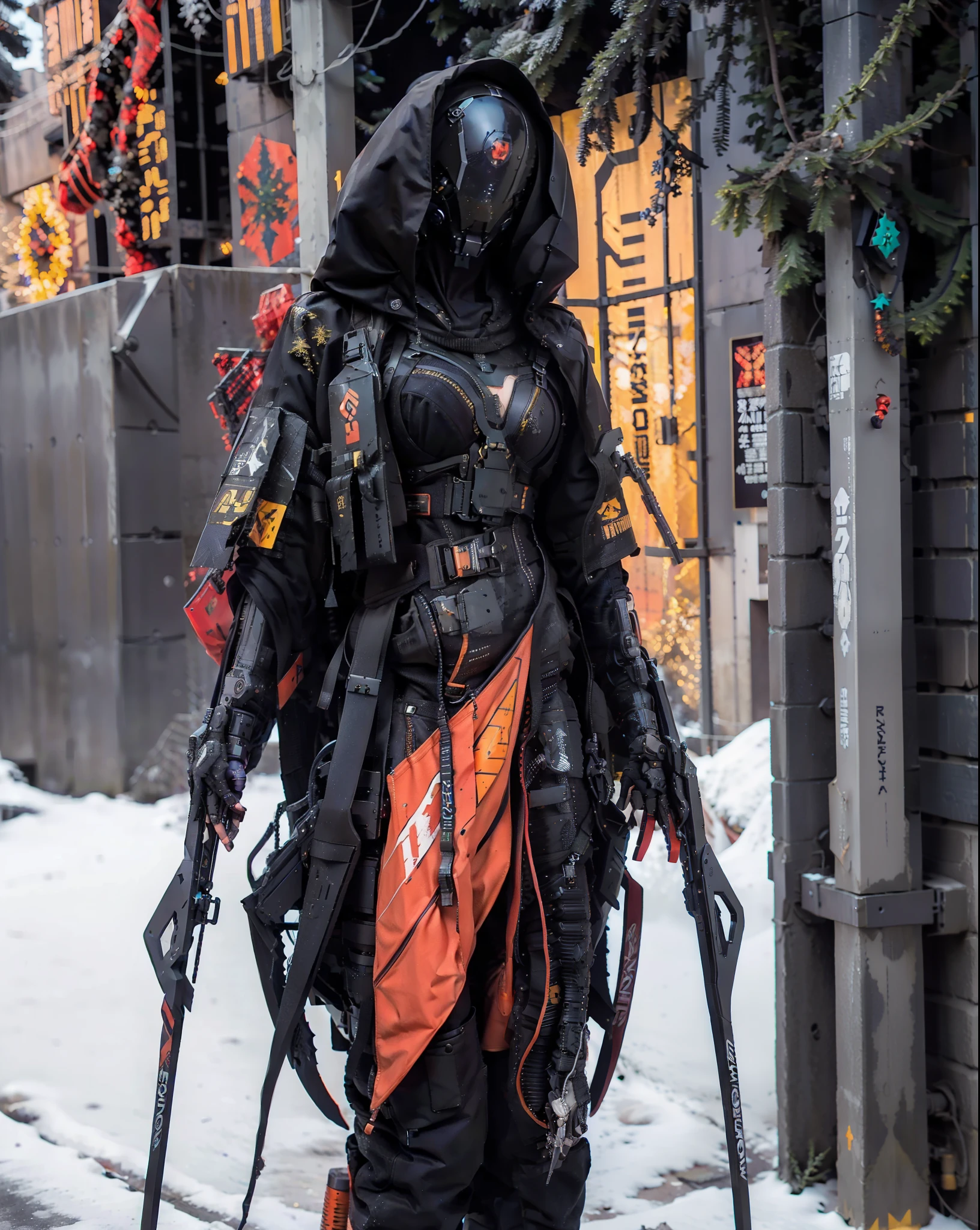 1girl, Solo, derpd, lethal geisha cyborg assassin wearing hooded kimono & armor, futuristic ski sunglasses, danger, red-yellow sky, post apocalyptic art, neon horror, sci-fi, glitchcore, cgsociety, modern european ink painting, androgynous, mixed media, dystopian art, black and Neon cosmic art, analog horror, nightmarefuel, space punk, glitchcore, hauntingly beautiful, beautifully ominous. A world class female cyborg in stunning HD, world class art, unique, modern masterpiece, exceptional, exquisite, dark fantasy, apocalypse art, calotype, big breast, deep cleavage cutout, (((christmas theme:1.3))),